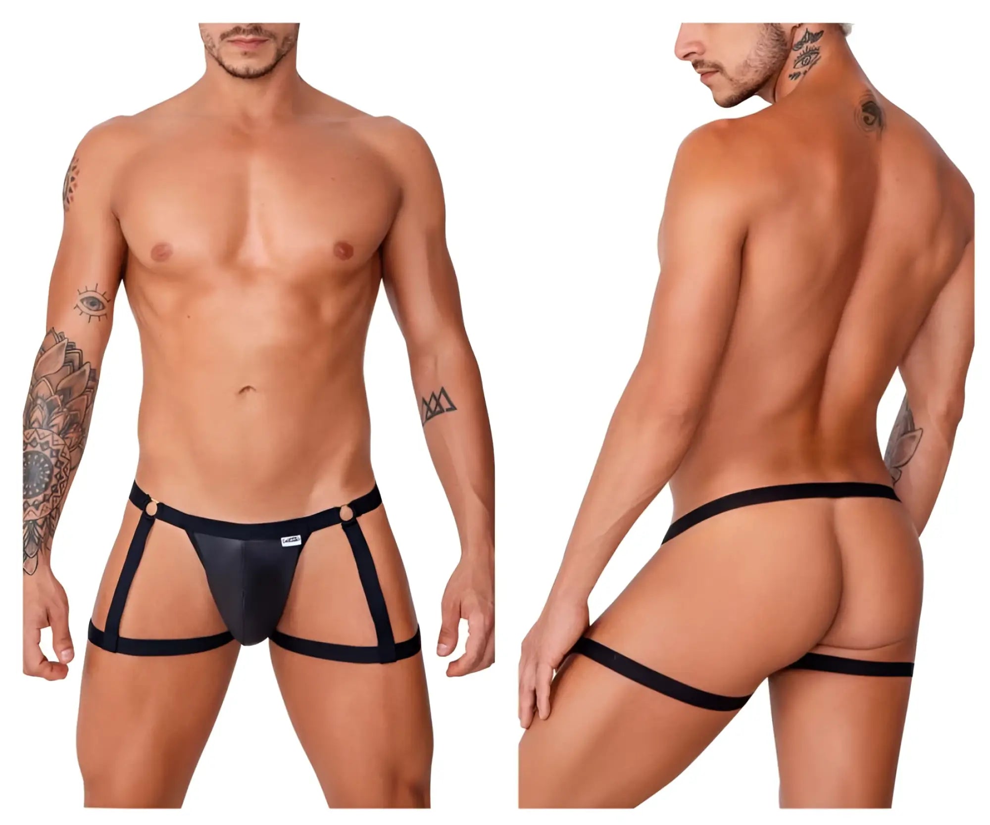 Black leather thong garter jockstrap with adjustable side straps and gold-tone hardware from candyman