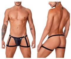 Black leather thong garter jockstrap with adjustable side straps and gold-tone hardware from candyman