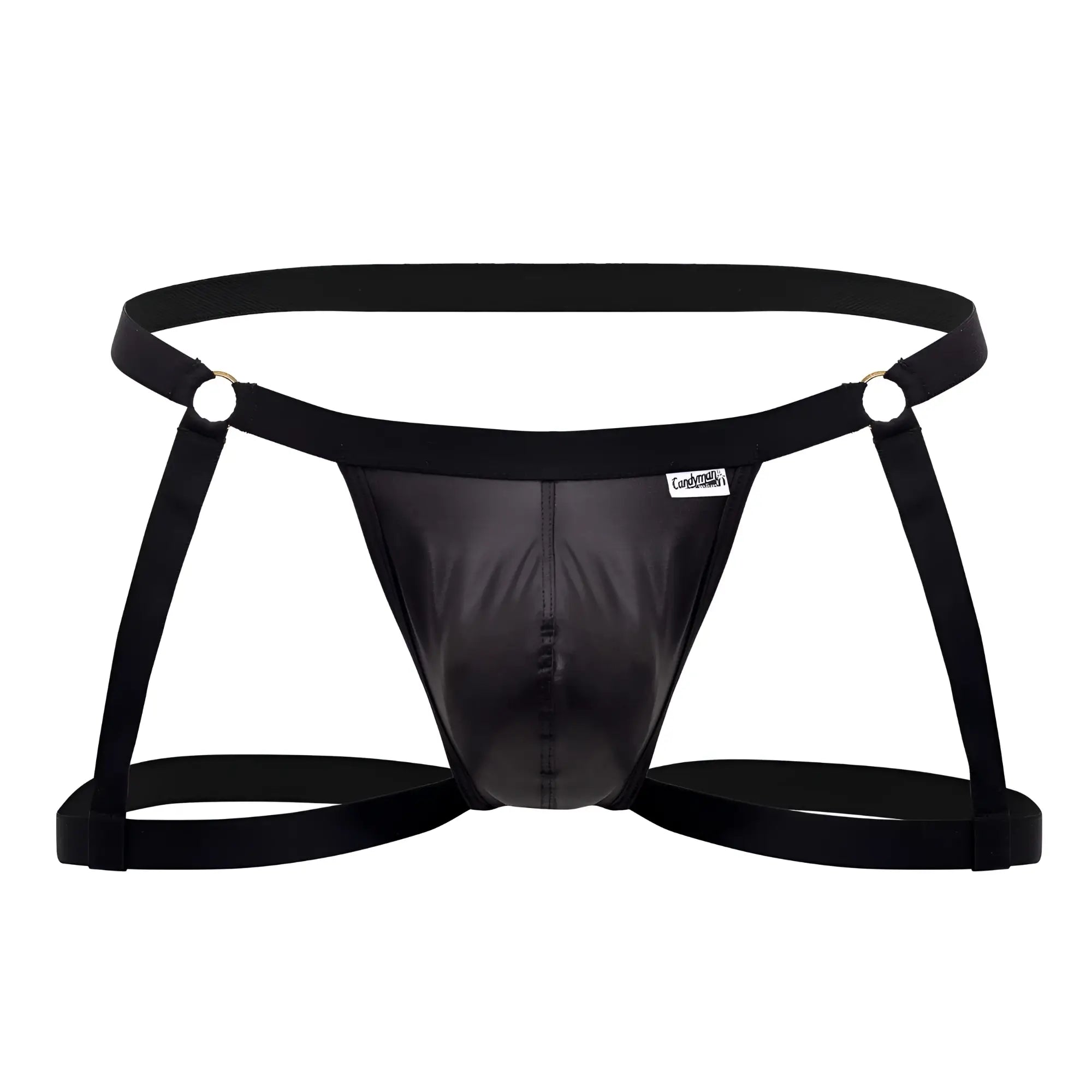 Black patent leather harness-style briefs with adjustable straps and silver metal rings candyMan 99749 garter jockstrap