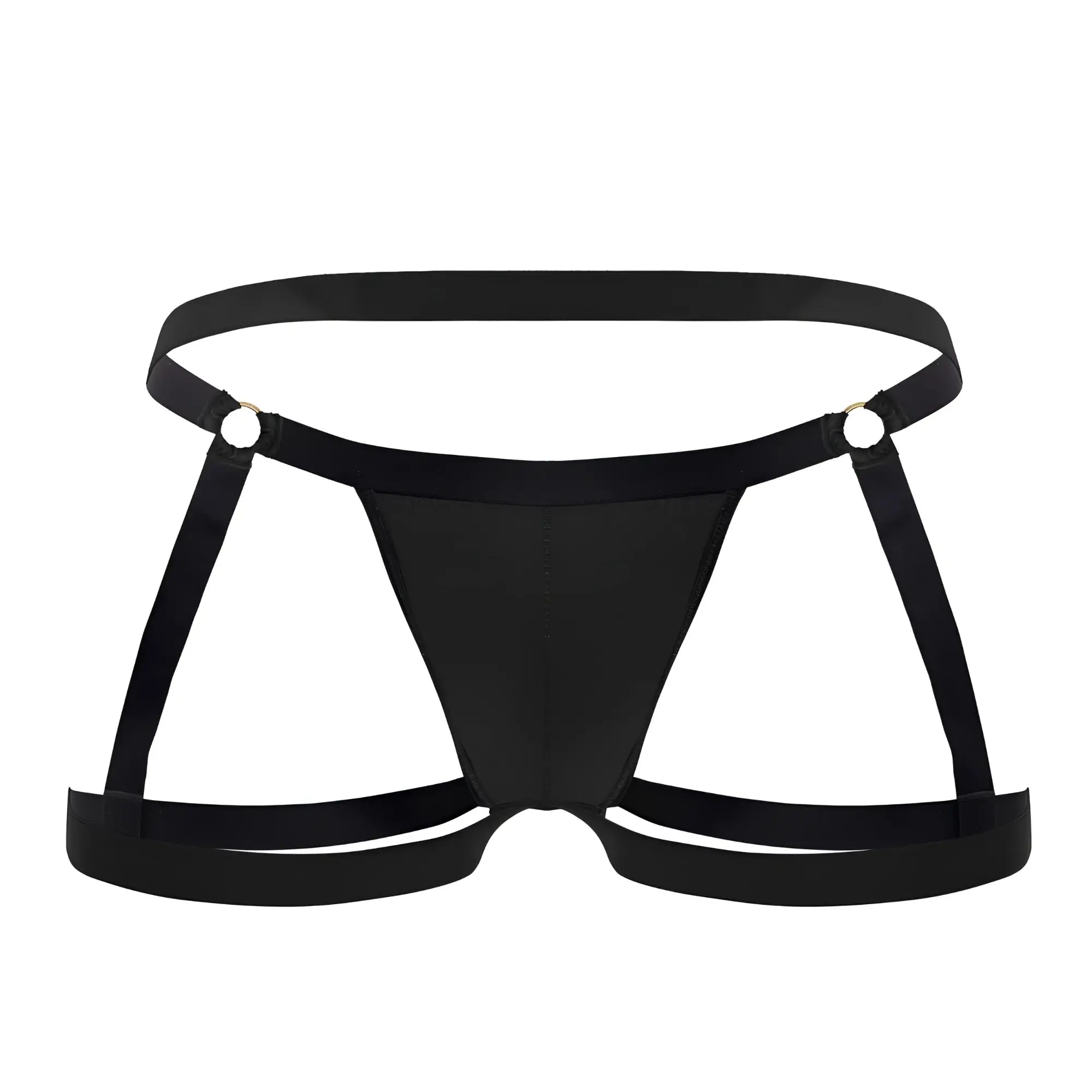 Black satin-like CandyMan 99749 garter jockstrap briefs with adjustable straps and metallic grommets