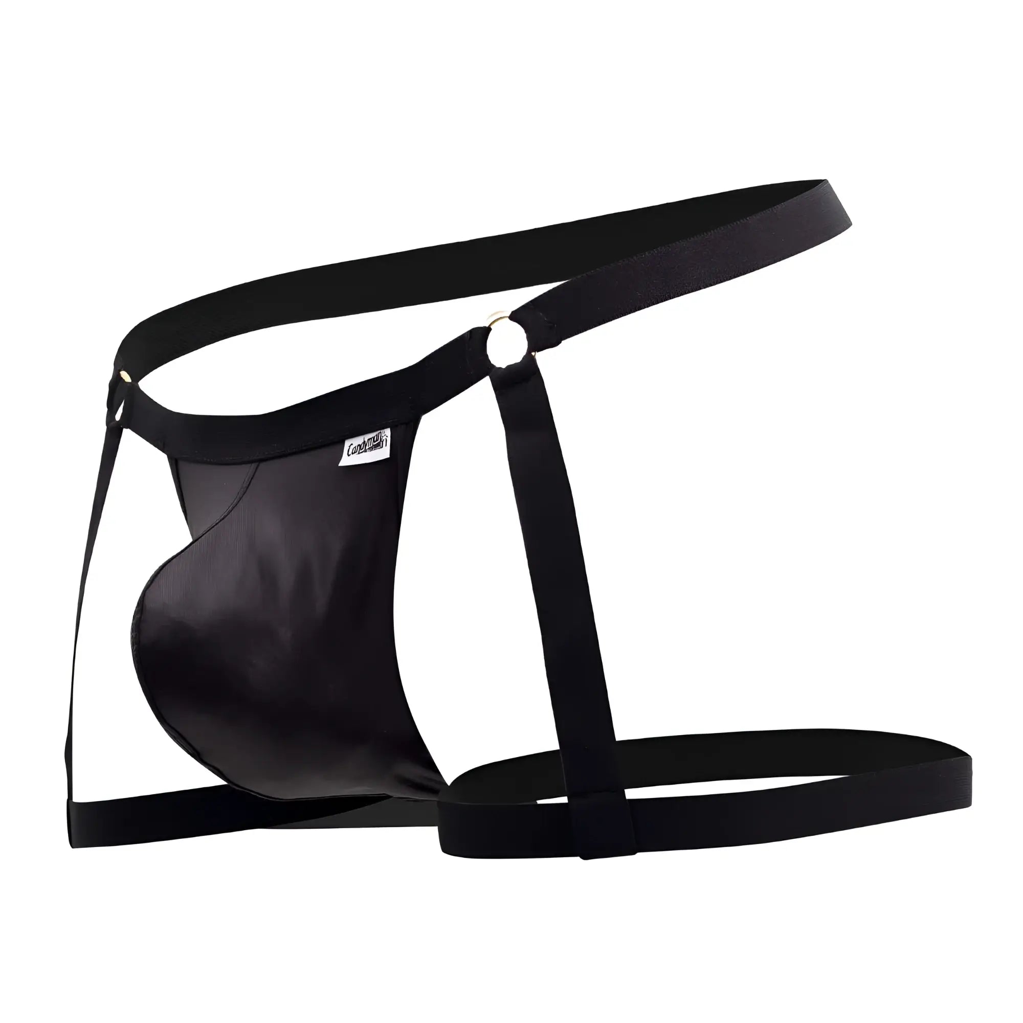 Black satin-like candy man 99749 garter jockstrap men’s thong with adjustable straps and central ring