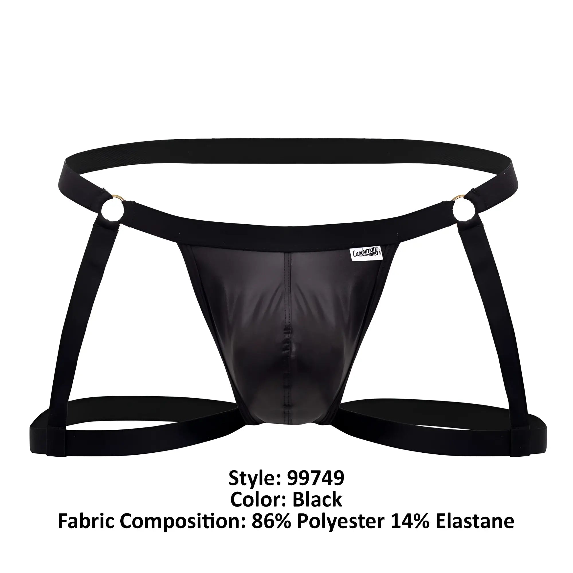 Black shiny polyester and elastane briefs with harness style adjustable straps candyMan 99749 garter jockstrap