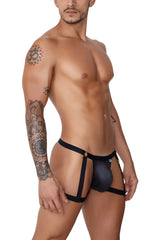 Black sleek form-fitting CandyMan 99749 garter jockstrap briefs with distinctive strappy design for men