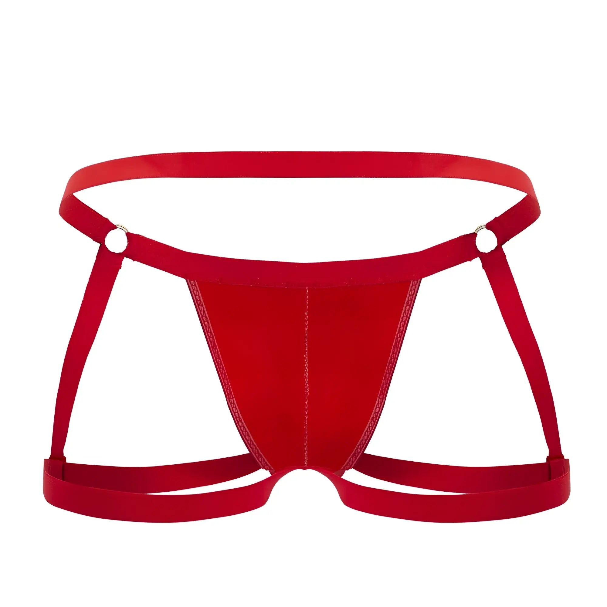 Red satin briefs candy man 99749 garter jockstrap with strappy harness design and silver metal clasps