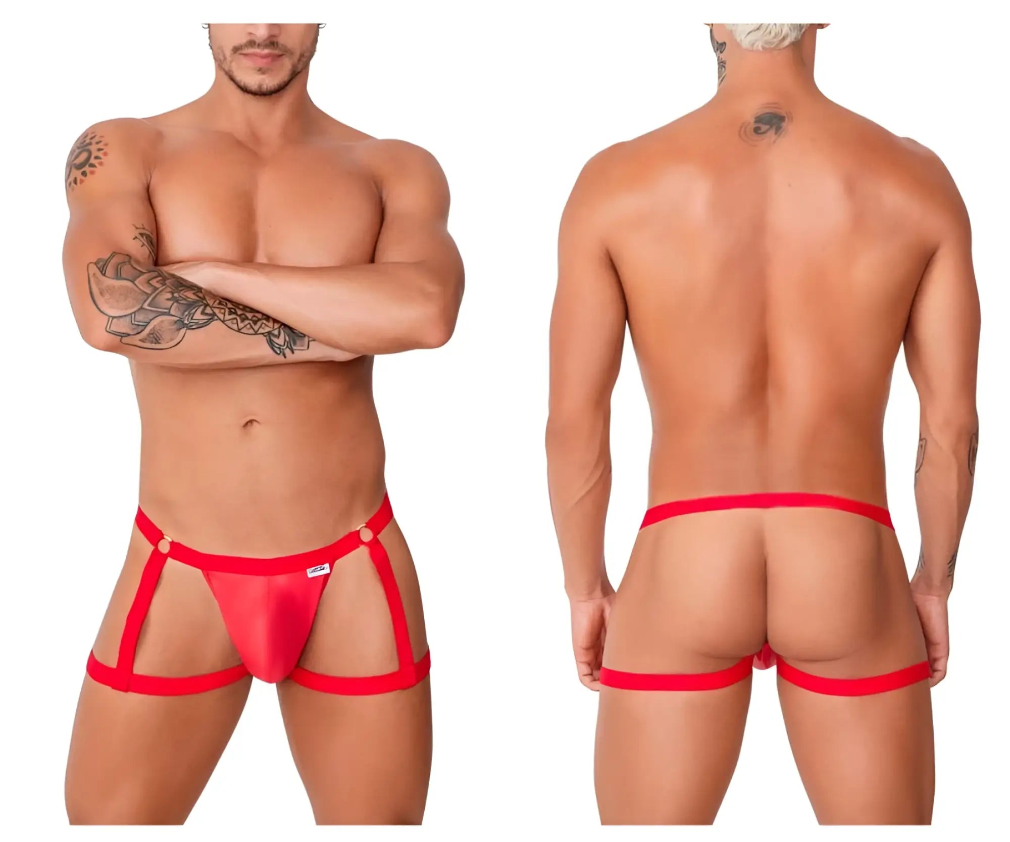 Candyman 99749 garter jockstrap in red sheer mesh with elastic straps and side brand tag for men