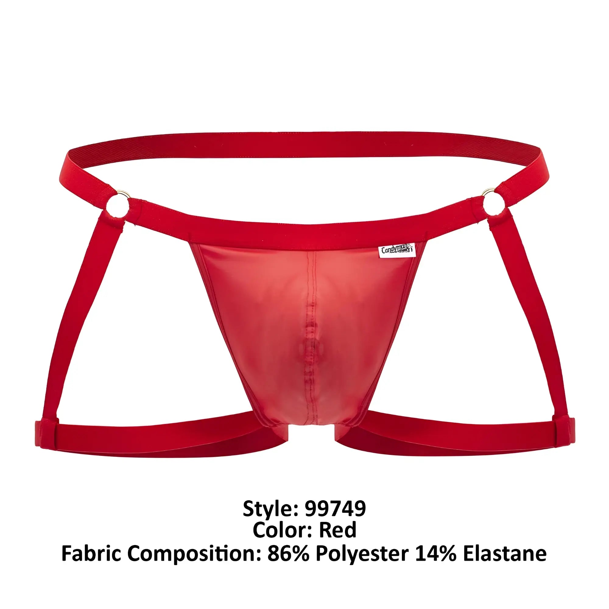 CandyMan 99749 garter jockstrap red shiny polyester elastane briefs with supportive strappy design front view