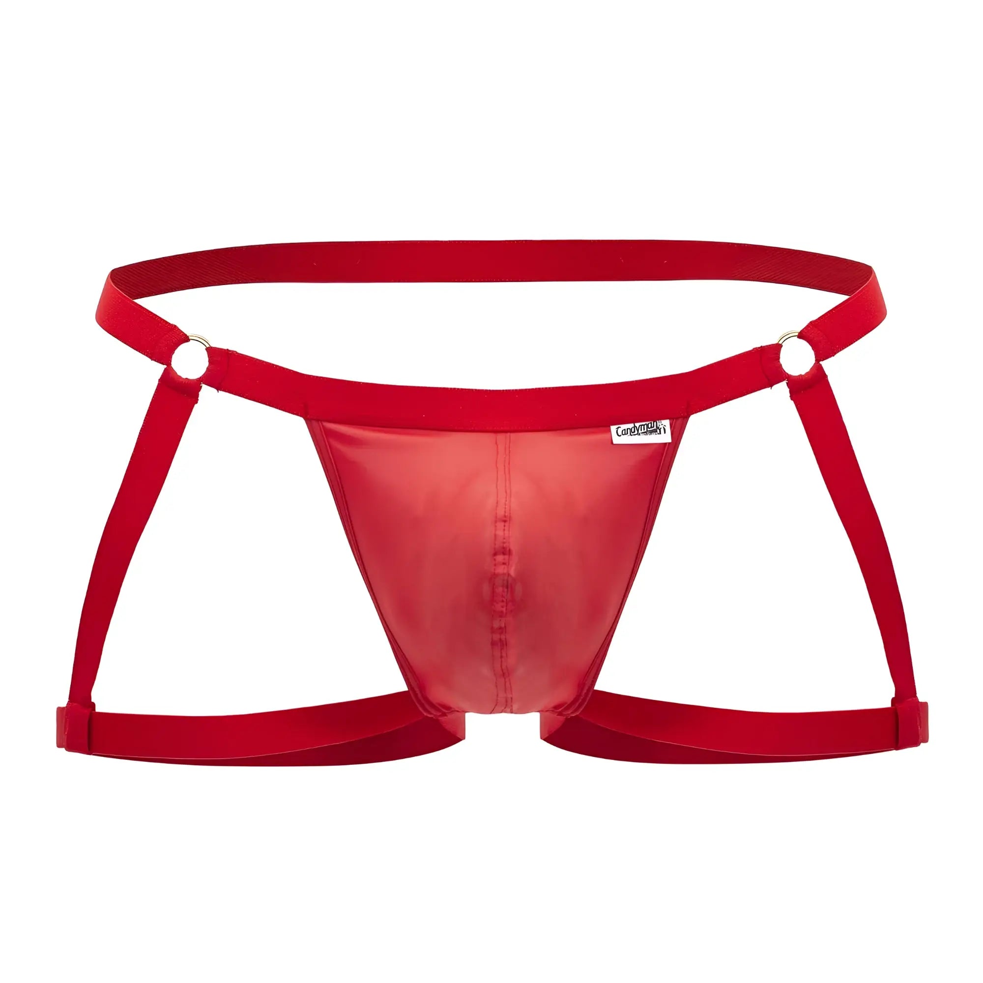 Red transparent nylon thong with adjustable side straps and branded tag from Candyman 99749 garter jockstrap collection
