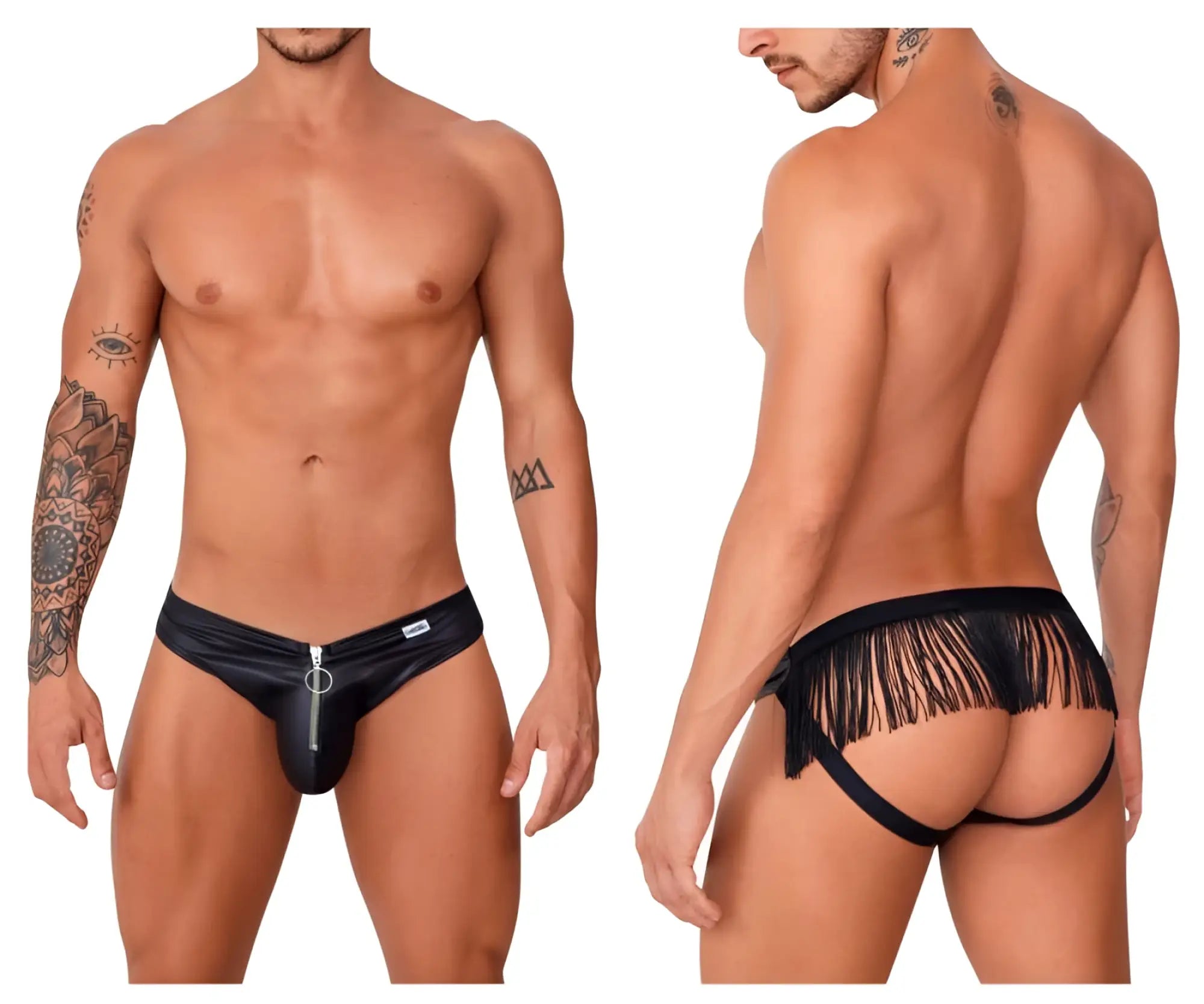 Black faux leather thong jockstrap with front zipper and back fringe detailing candyMan 99753 in black shown from back