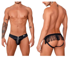 Black faux leather thong jockstrap with front zipper and back fringe detailing candyMan 99753 in black shown from back