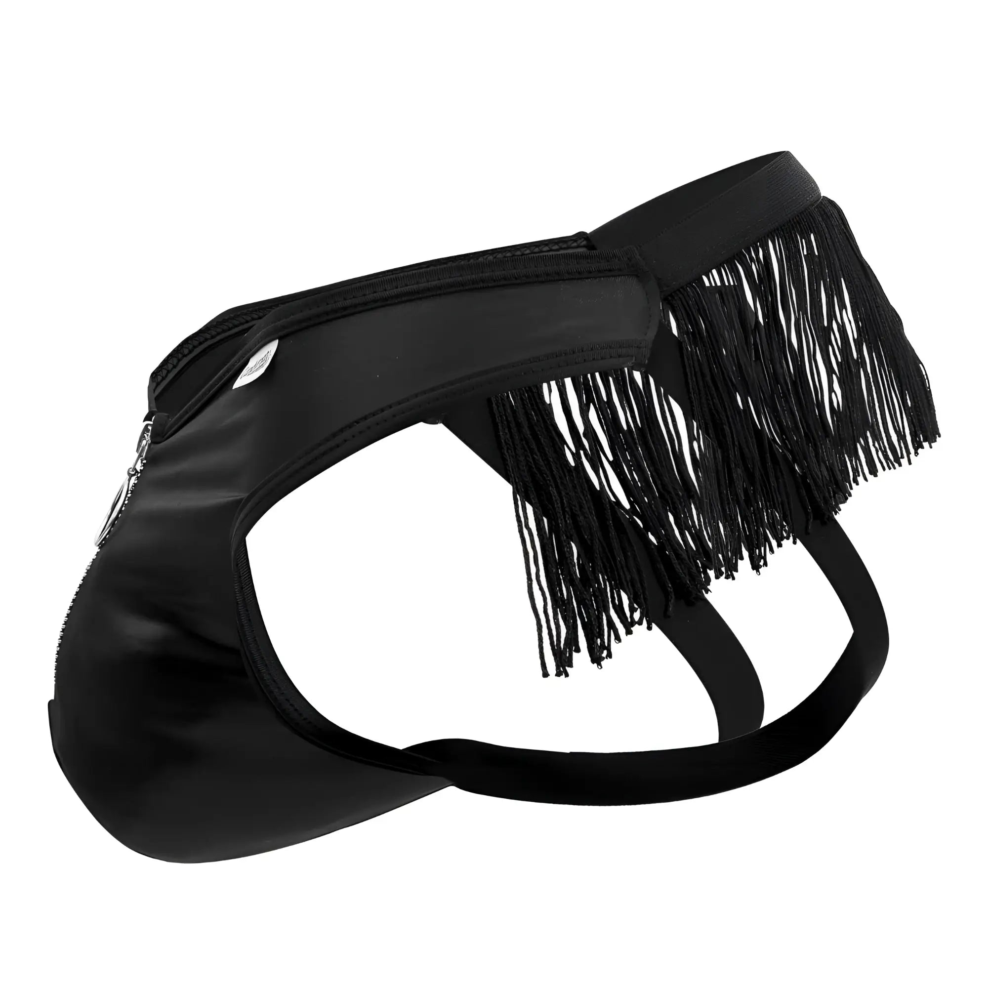 Black CandyMan 99753 fringe jockstrap briefs with sleek shiny material and zipper closure front view