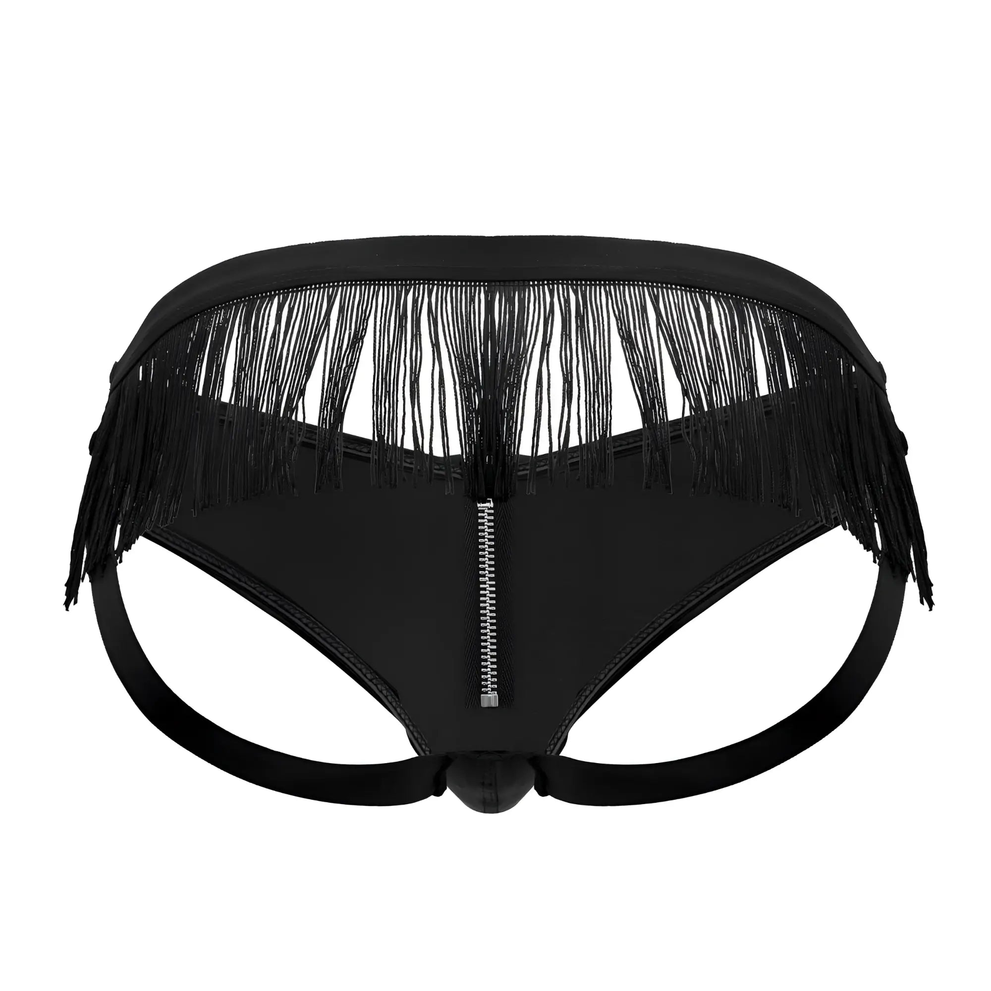 Black fringed thong CandyMan 99753 with central zipper and elasticized waistband for stylish comfort