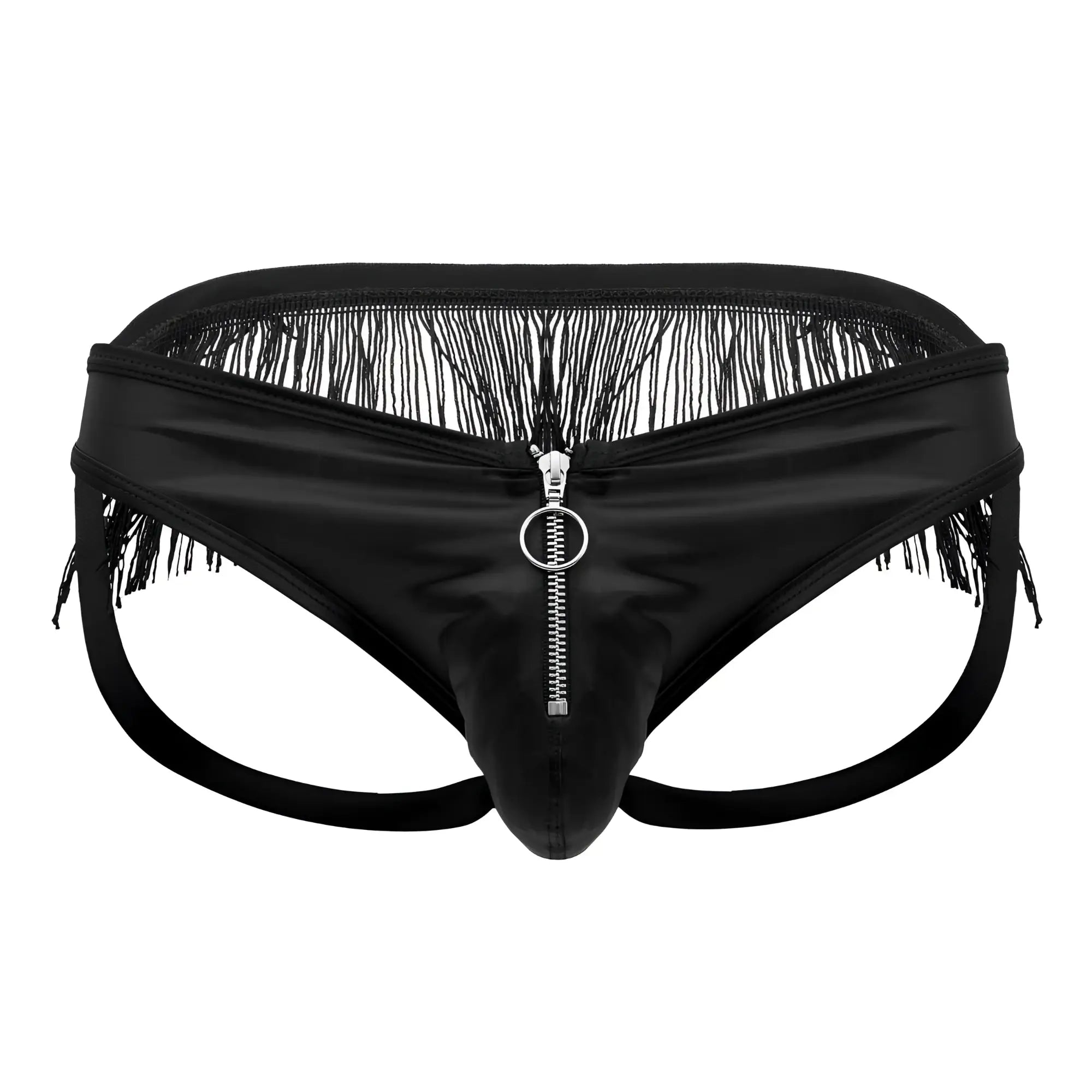 Black satin CandyMan 99753 fringe jockstrap with central zipper and black fringe detailing for men