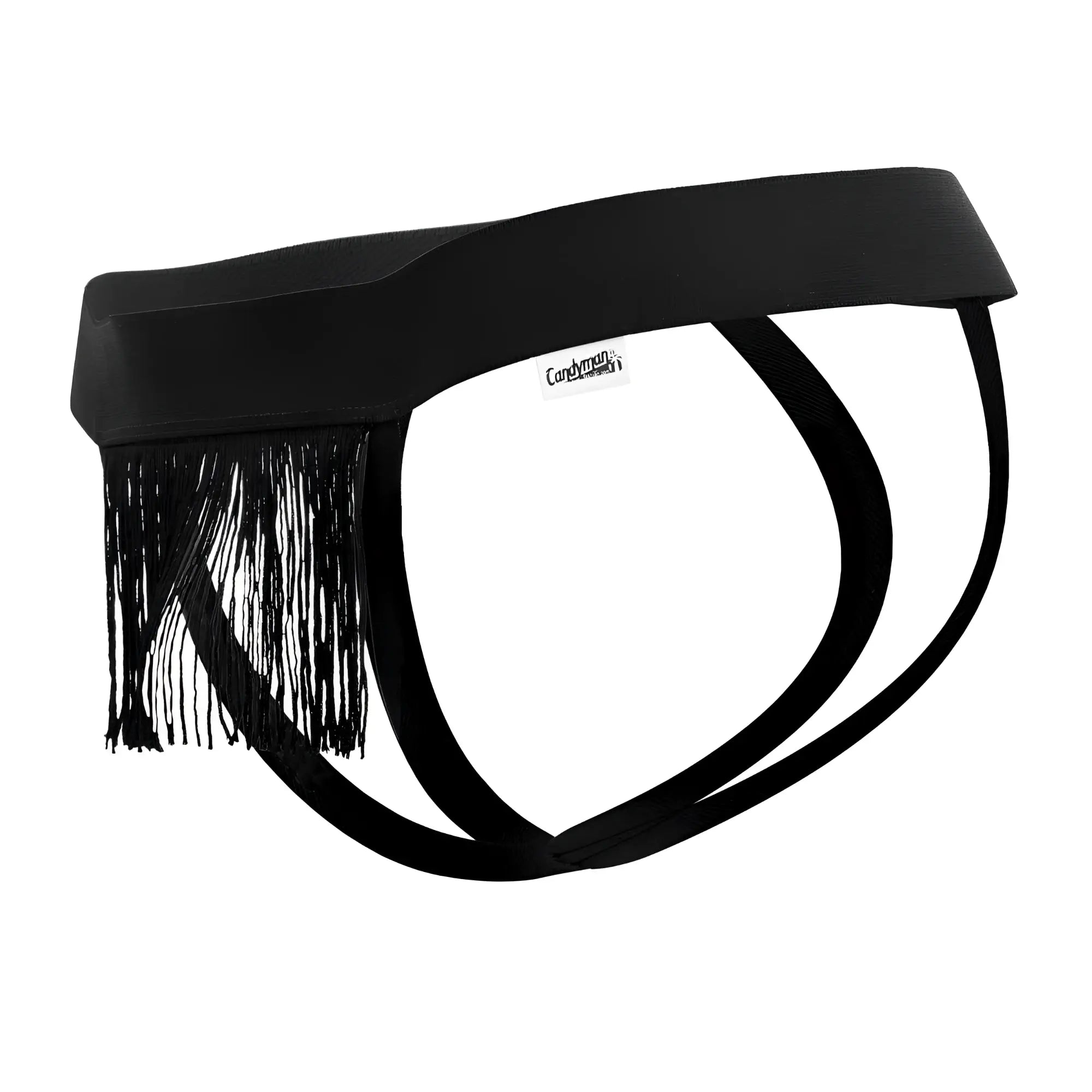 CandyMan 99755 fringe thongs in black featuring black fringed men’s briefs with a sleek minimalist design