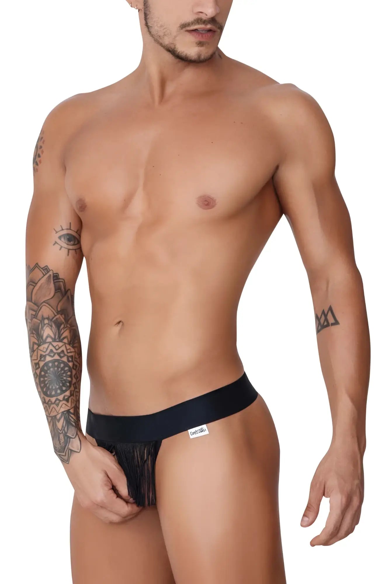 Black CandyMan 99755 fringe thongs with a sleek minimalist design and delicate fringe detailing