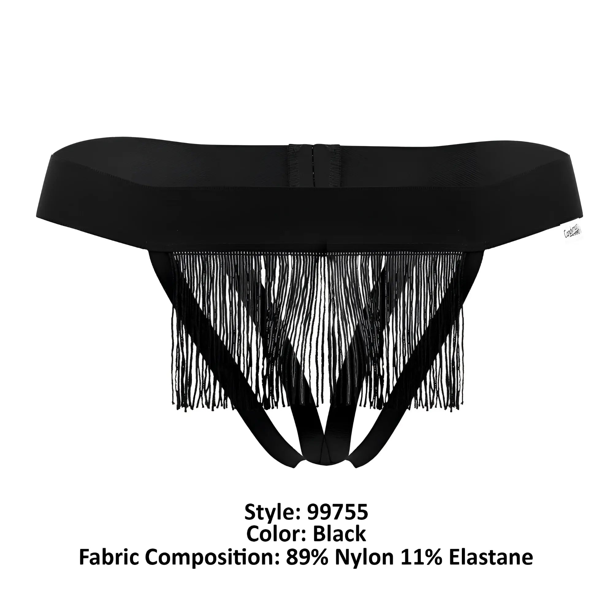 Black fringed thong with wide elastic waistband and thin straps made from 89 nylon 11 elastane by candyman