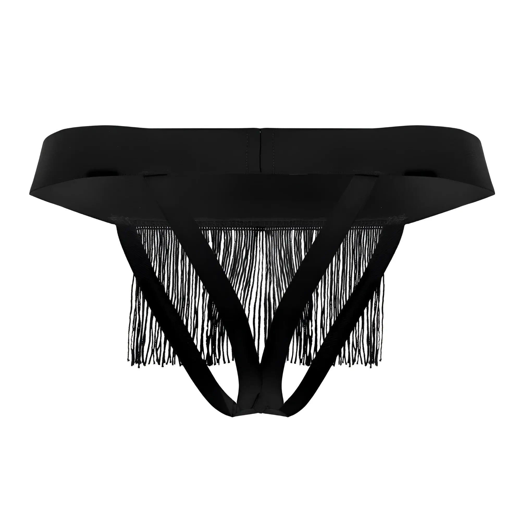 Black fringed thong candyMan 99755 with wide smooth waistband and three intersecting straps showing back side