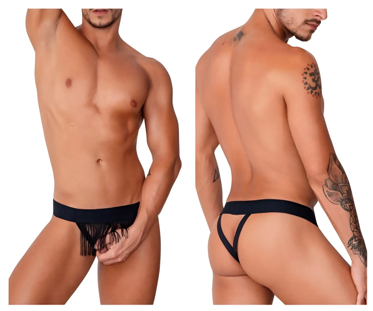 Black fringe thong by candyman with wide waistband and supportive side straps for comfortable wear