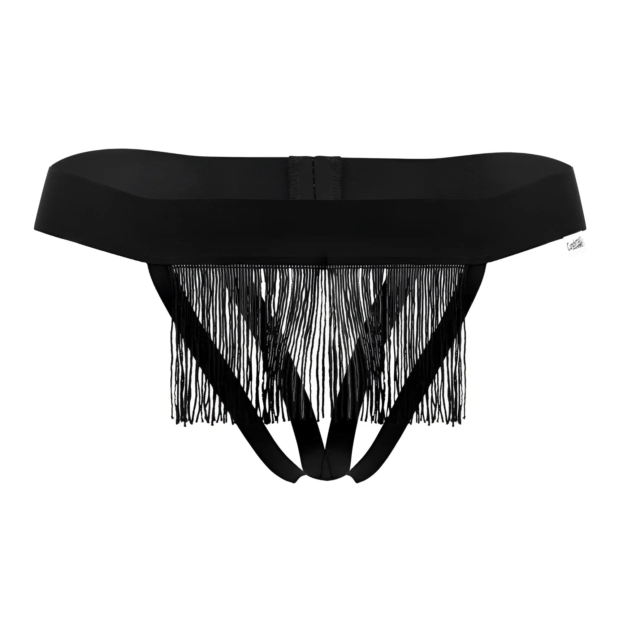 CandyMan 99755 black fringe thong with wide waistband and multiple straps shown from the back side