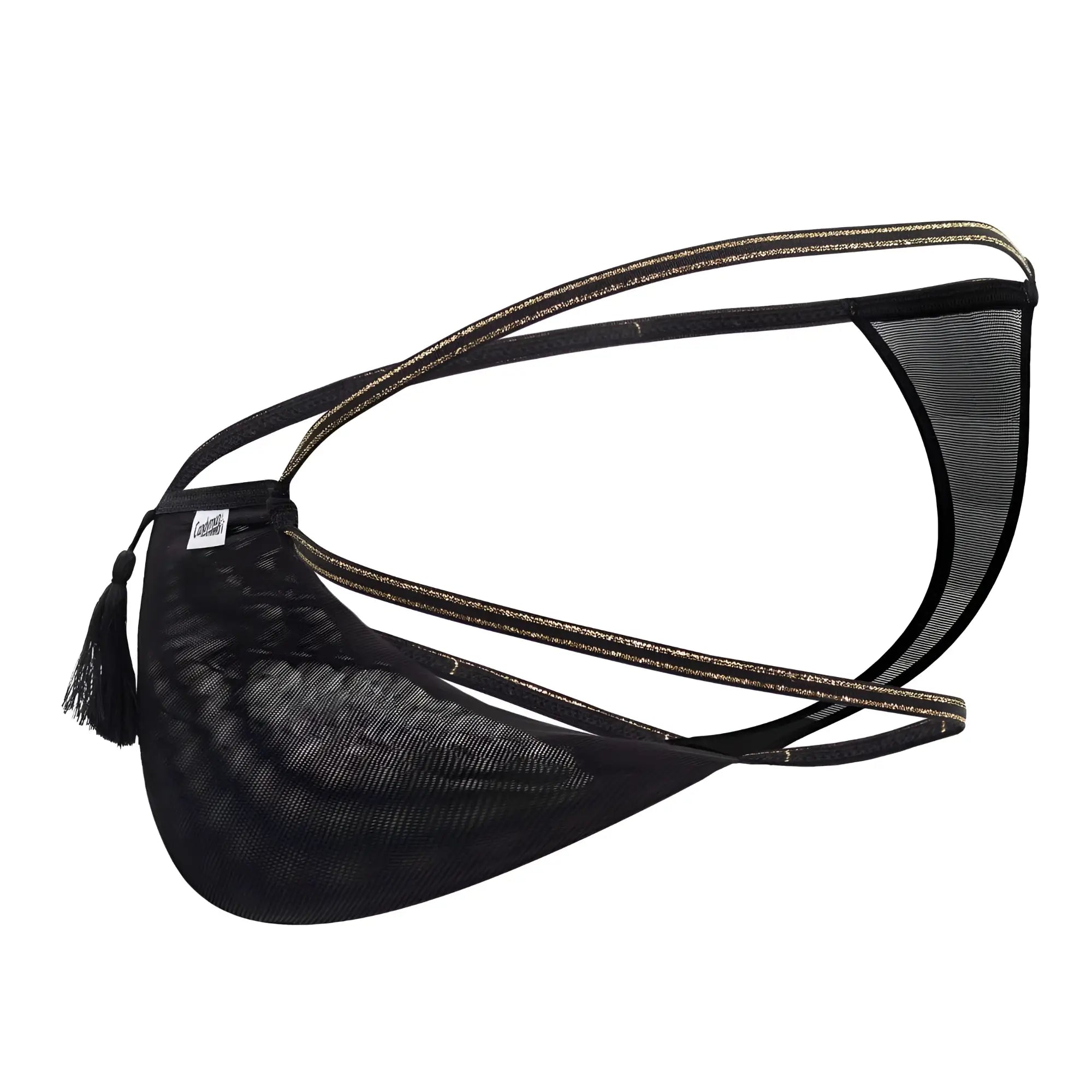 Black mesh men’s thong candyman 99756 fringe thongs with gold-trimmed elastic straps and black tassel visible from back