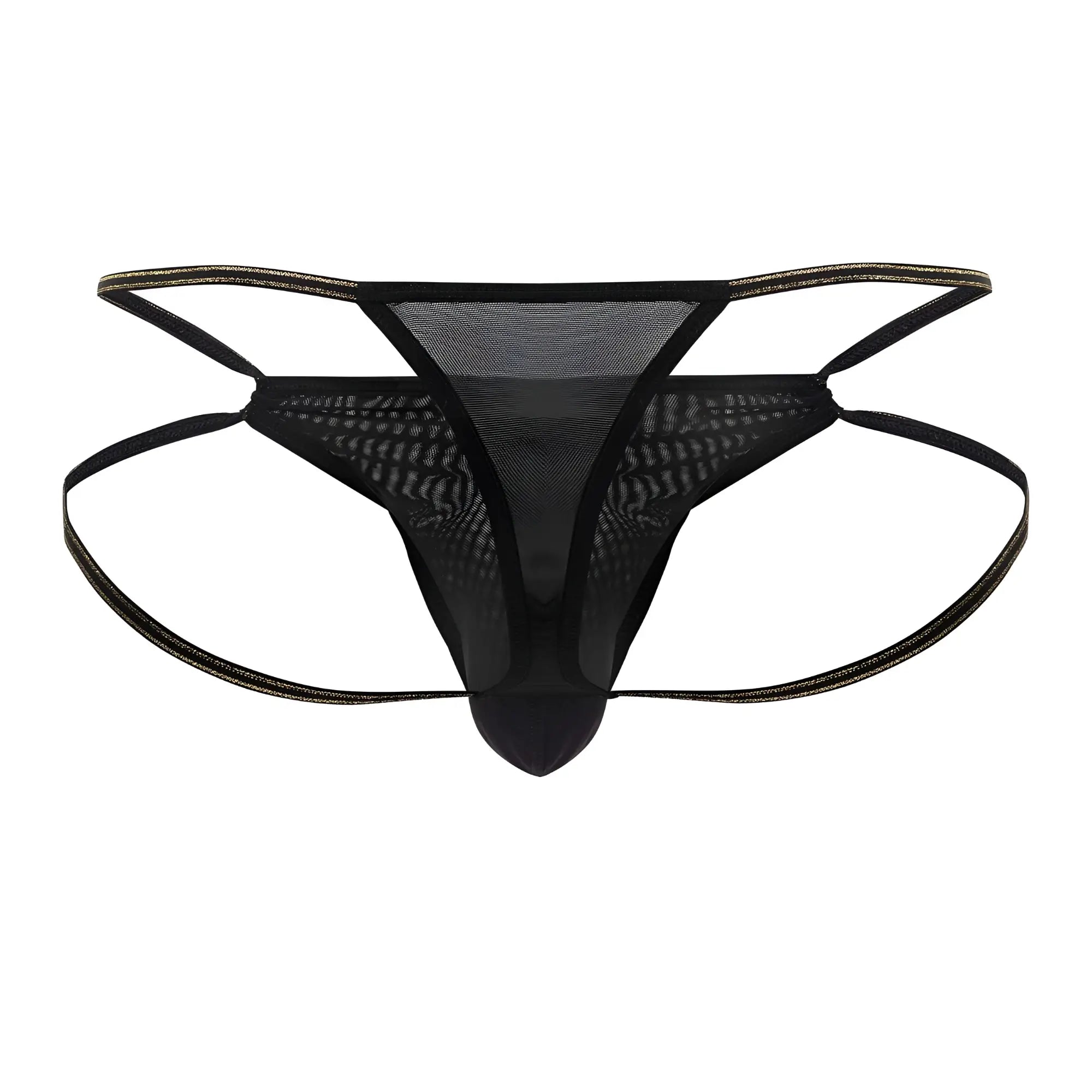 Black mesh CandyMan 99756 fringe thong with thin adjustable straps and subtle gold trim along the edges
