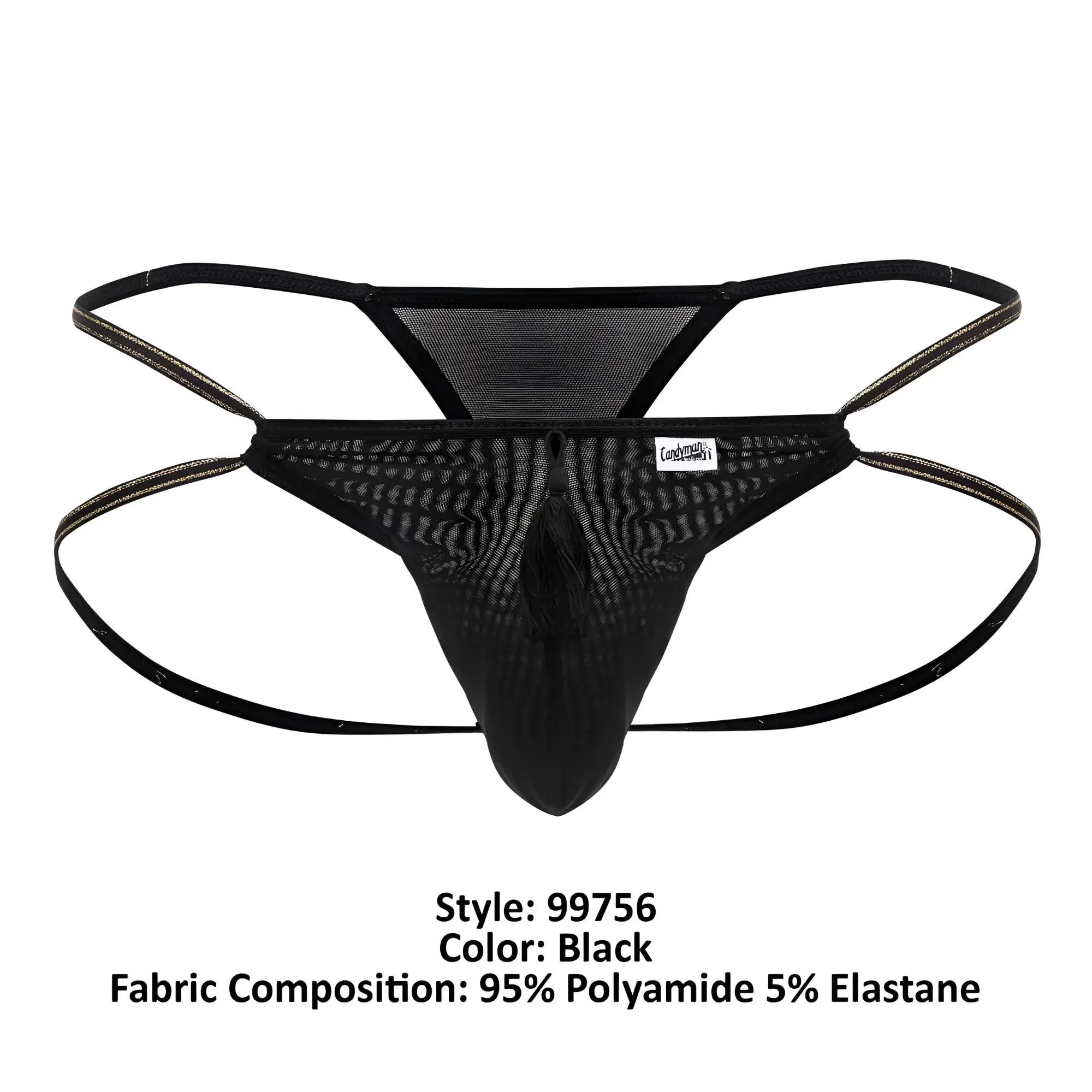 Black CandyMan 99756 fringe thong made of 95% polyamide 5% elastane with central tassel and elastic straps