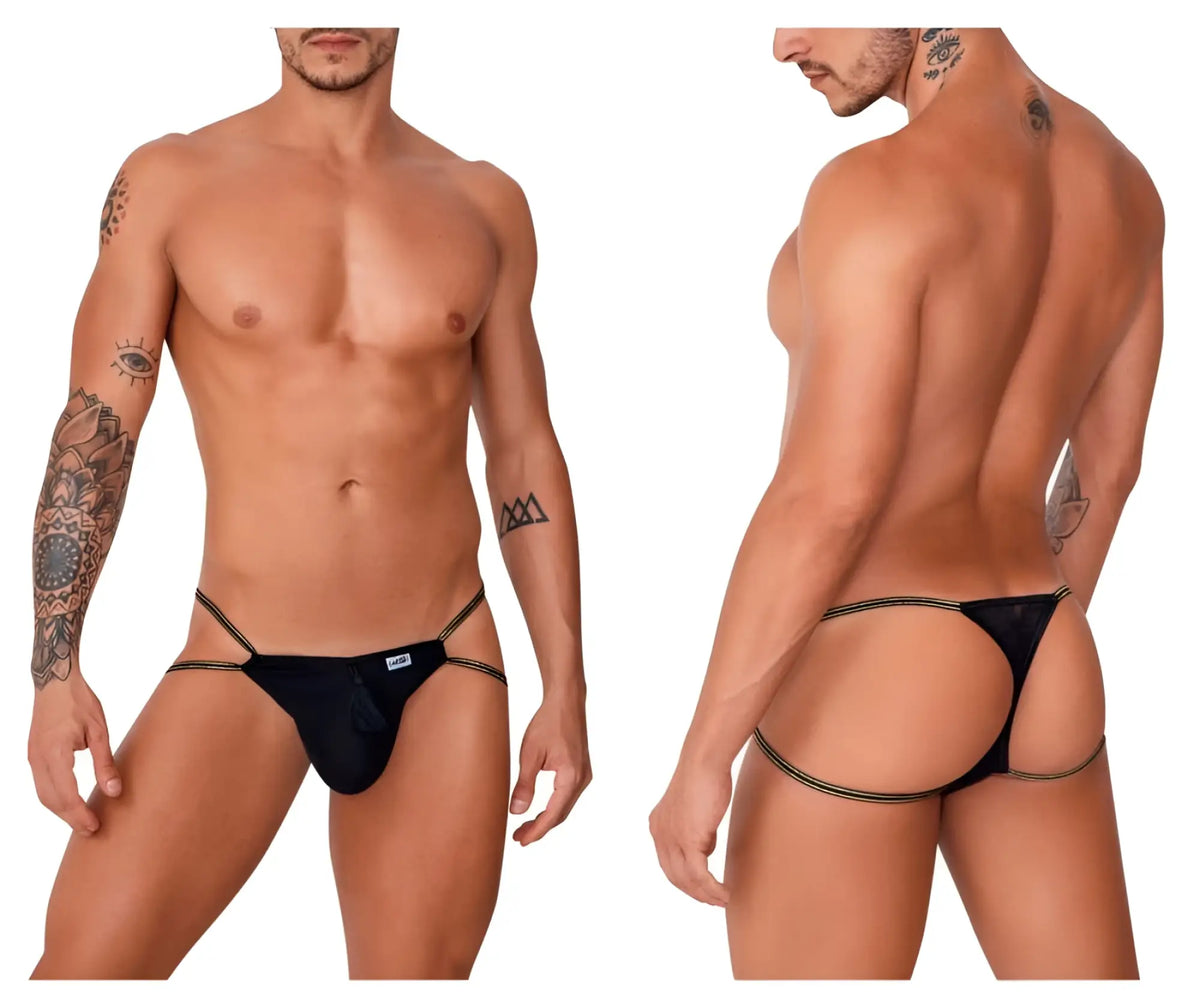 Black mesh thong with gold trim and a small brand tag on front from candyman 99756 fringe thongs collection