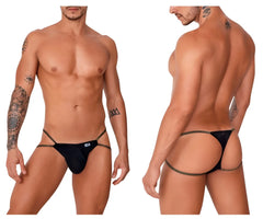 Black mesh thong with gold trim and a small brand tag on front from candyman 99756 fringe thongs collection
