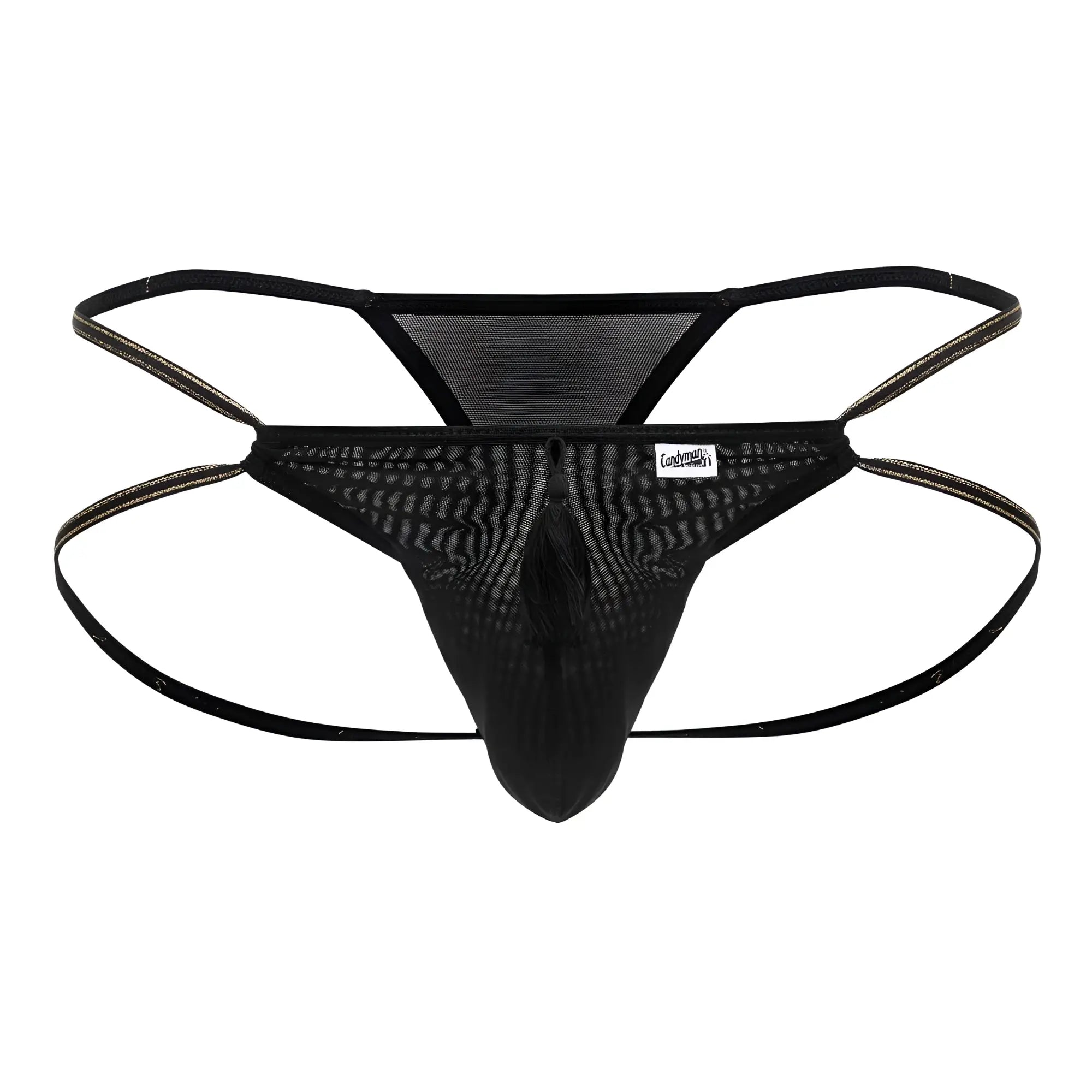 Black mesh thong candy man 99756 fringe thongs with reinforced elastic straps and central tassel detail
