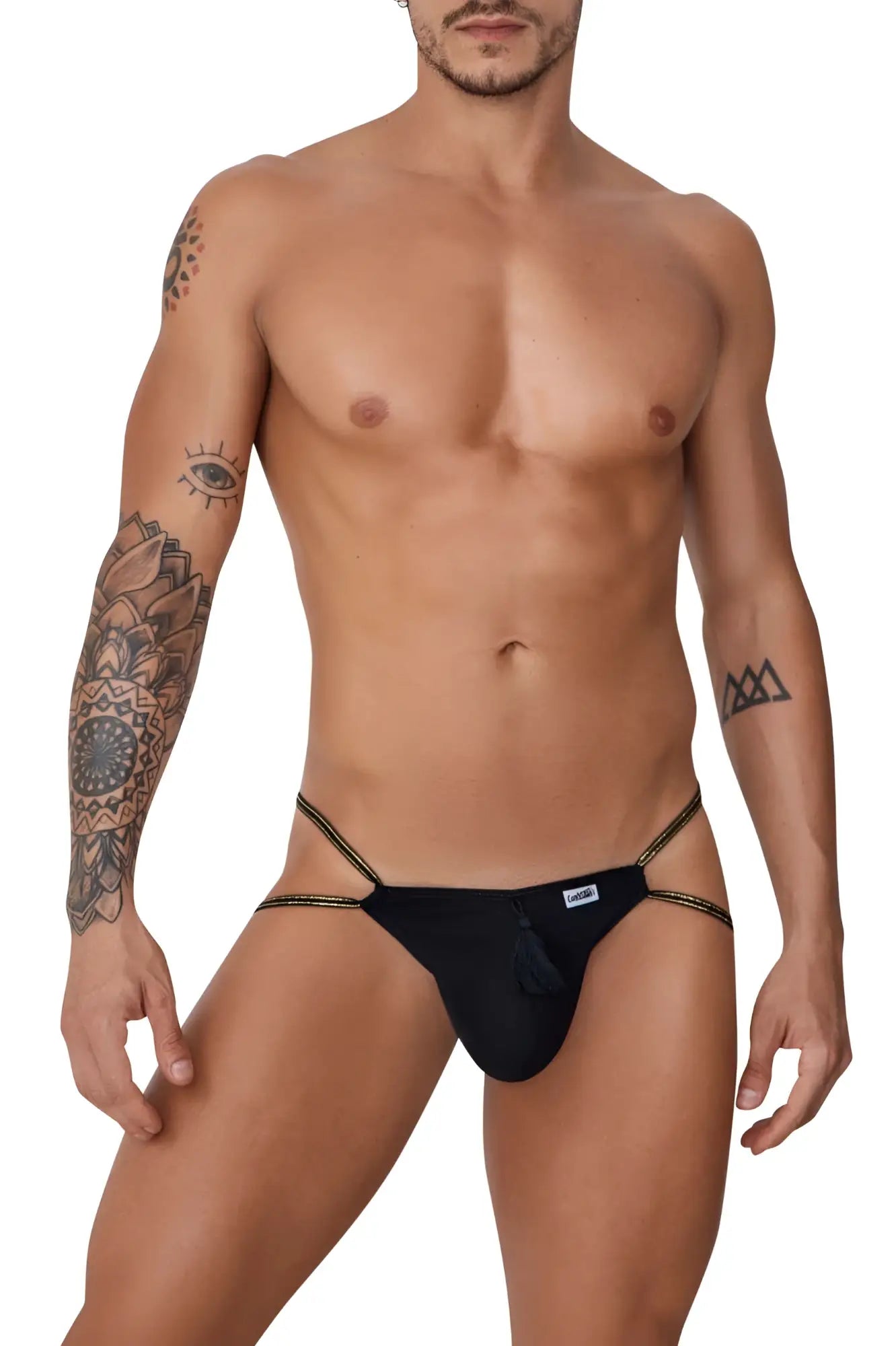 Black CandyMan 99756 fringe thong with gold trim and small tassel at front made of soft fabric