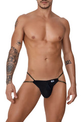Black CandyMan 99756 fringe thong with gold trim and small tassel at front made of soft fabric