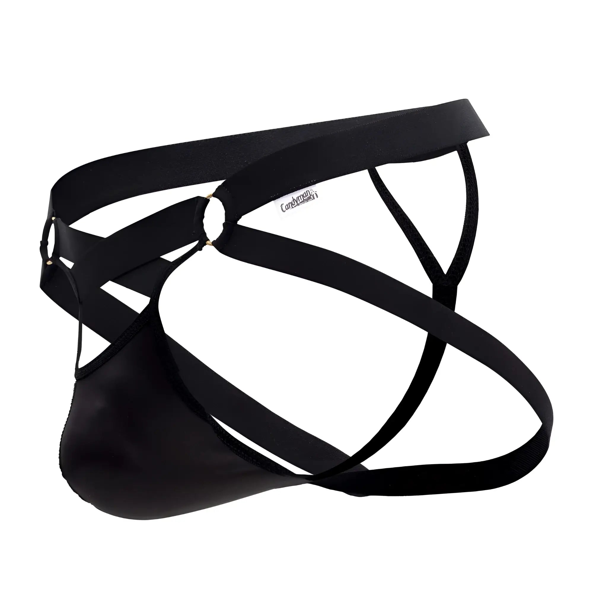 Black leather-like men’s briefs with crisscrossing straps and branded tag candyMan 99761 jock g-string front view