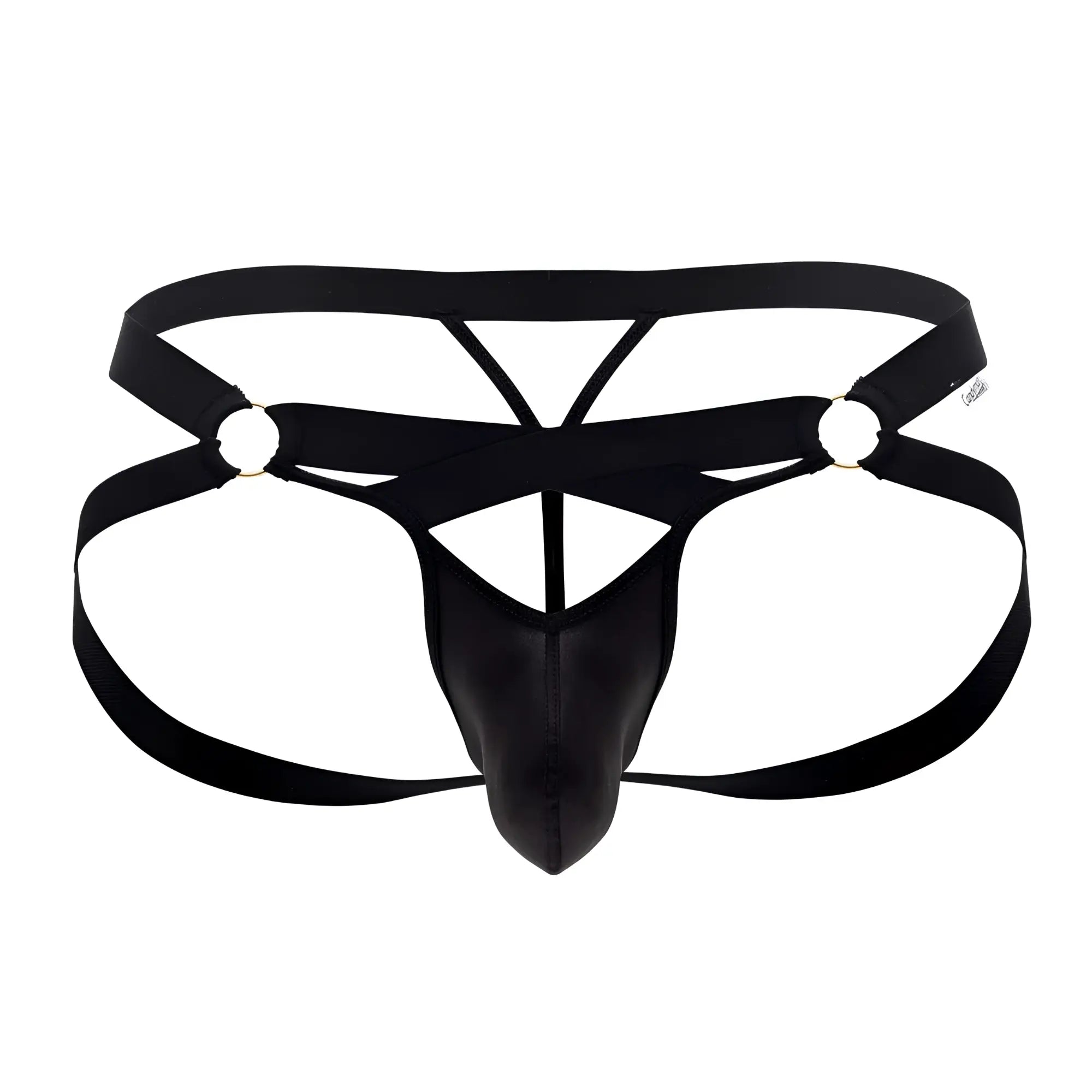 Black leather-like men’s thong with crisscross straps and metallic rings candyMan 99761 jock g-string
