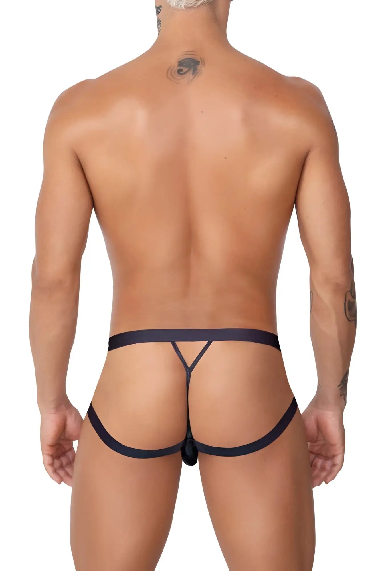 Black thong candyMan 99761 jock g-string with y-shaped design and central clasp shown from the back side