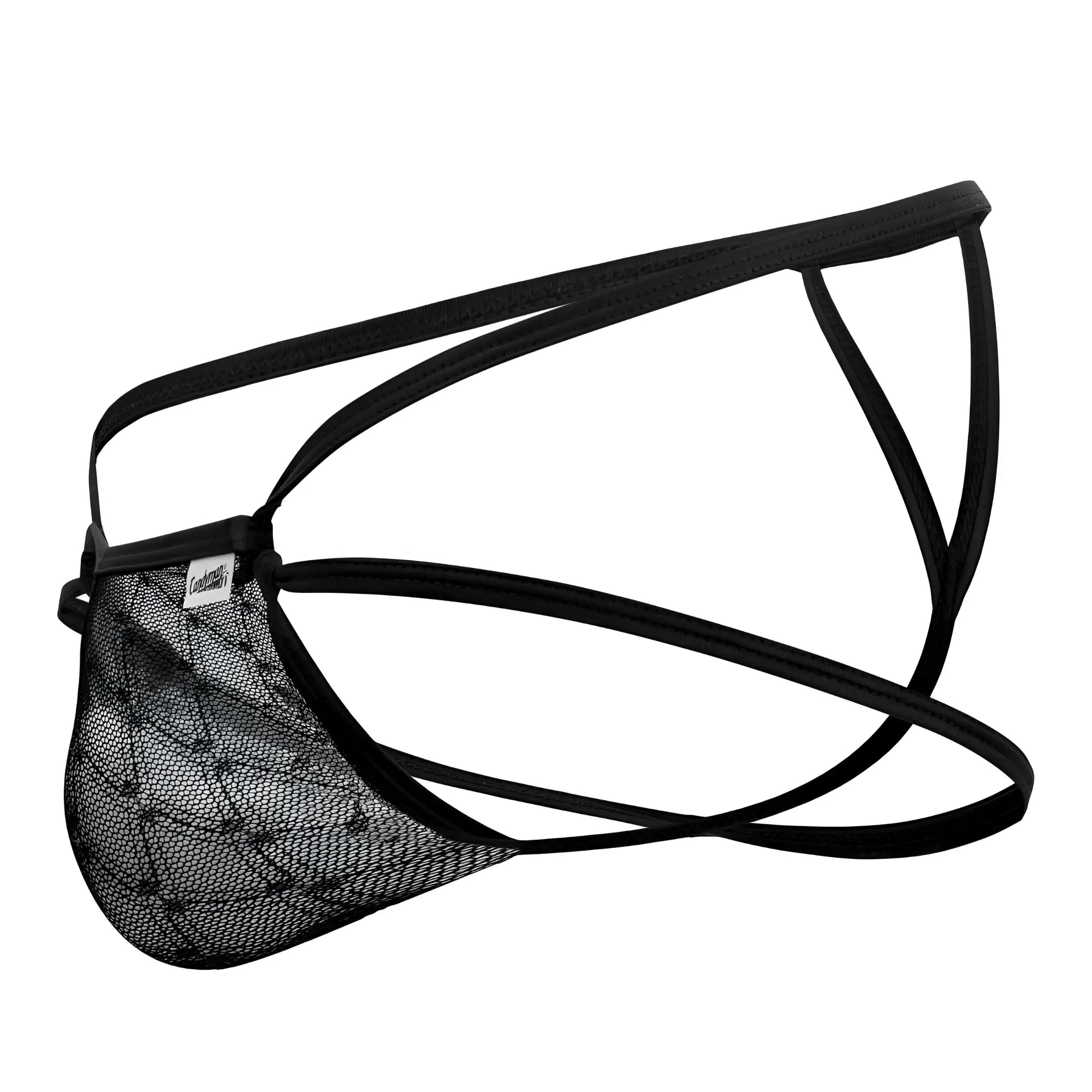 Black lace mesh brief with thin elastic straps by candyman 99762 jock g-string in black shown from the back side