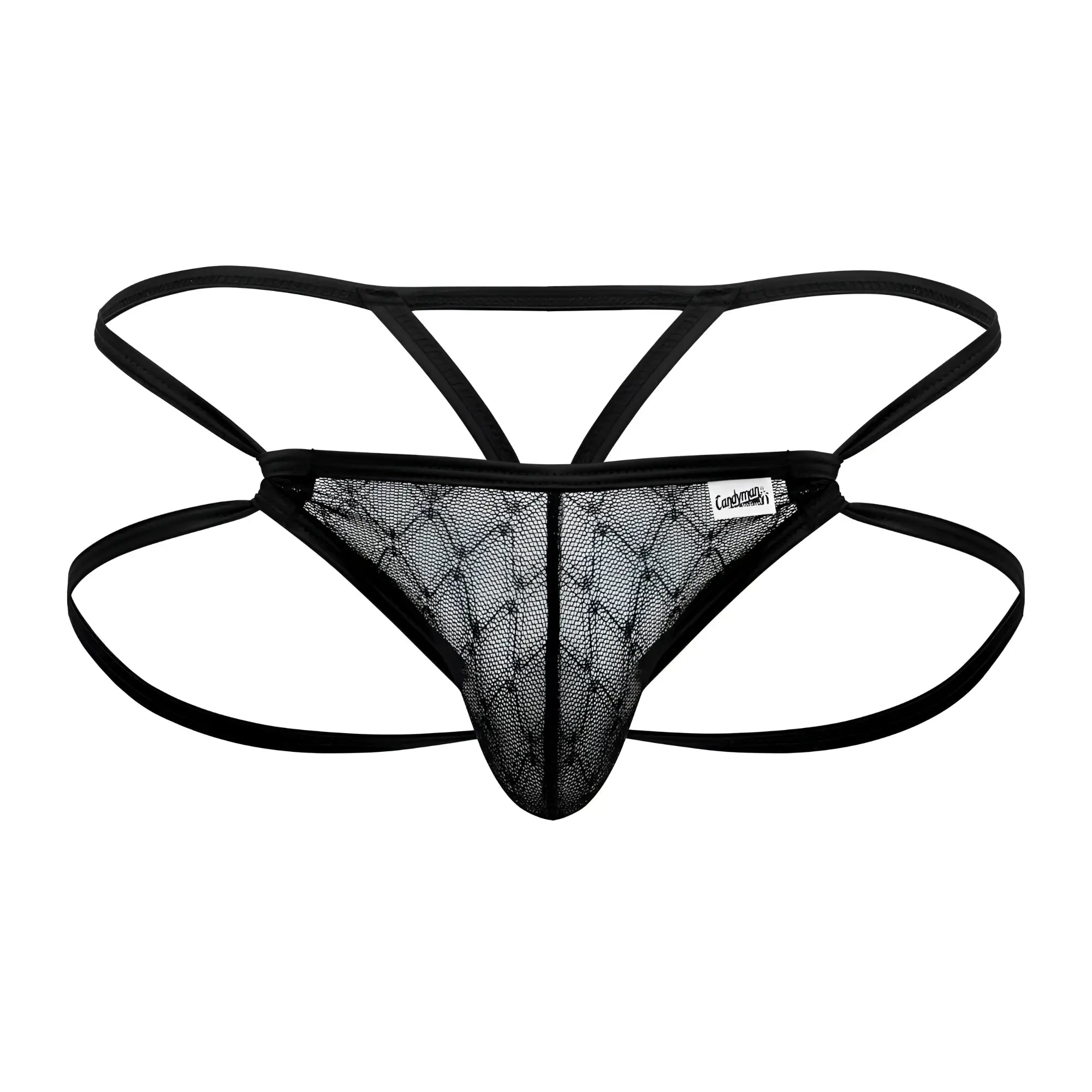 Black lace thong candyMan 99762 jock g-string with diamond-patterned mesh front and adjustable straps in black
