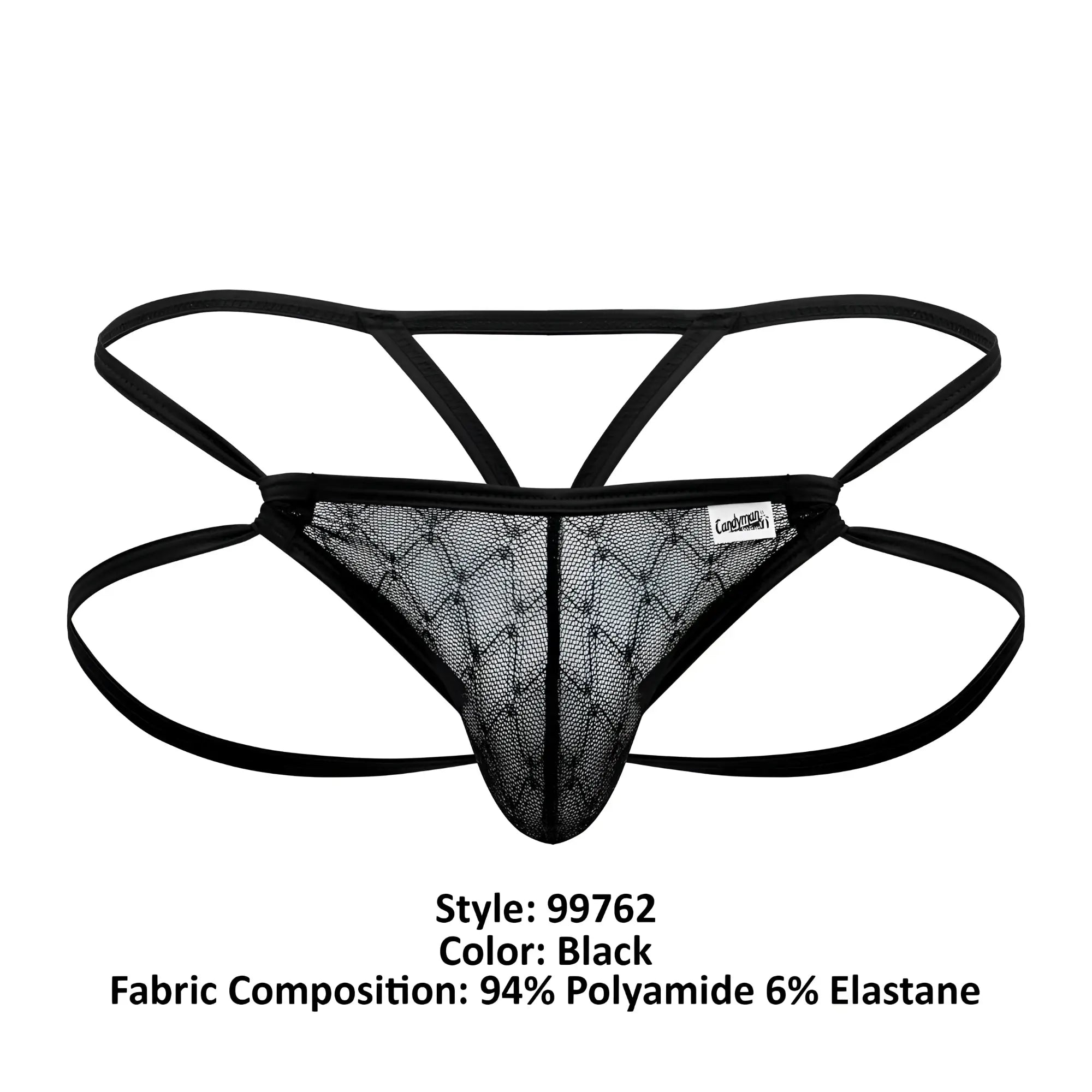 Black mesh thong with crisscross design and elastic straps candyMan 99762 jock g-string color black back side view