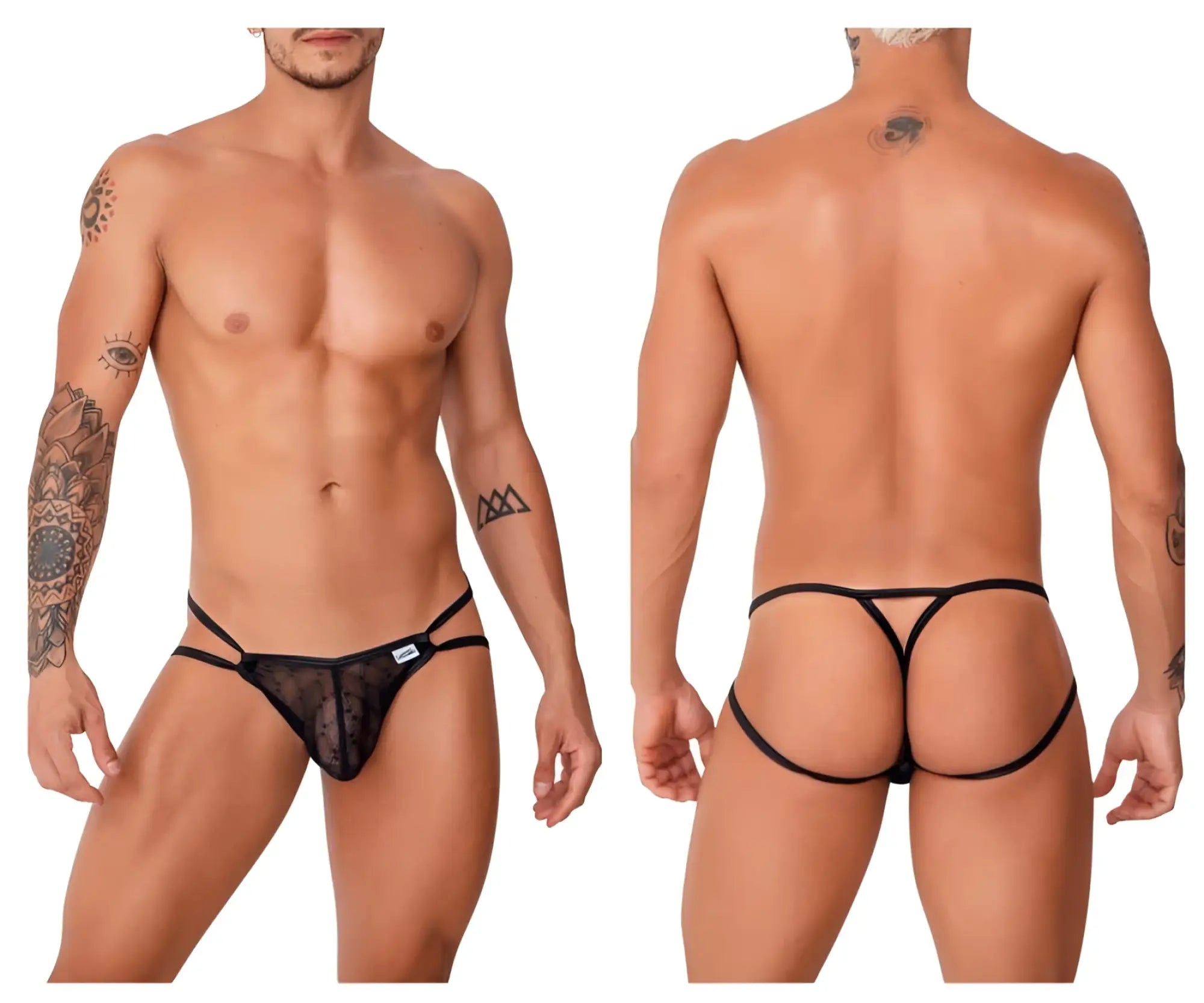 Black sheer lace thong with black elastic straps and a small white CandyMan brand tag on the front