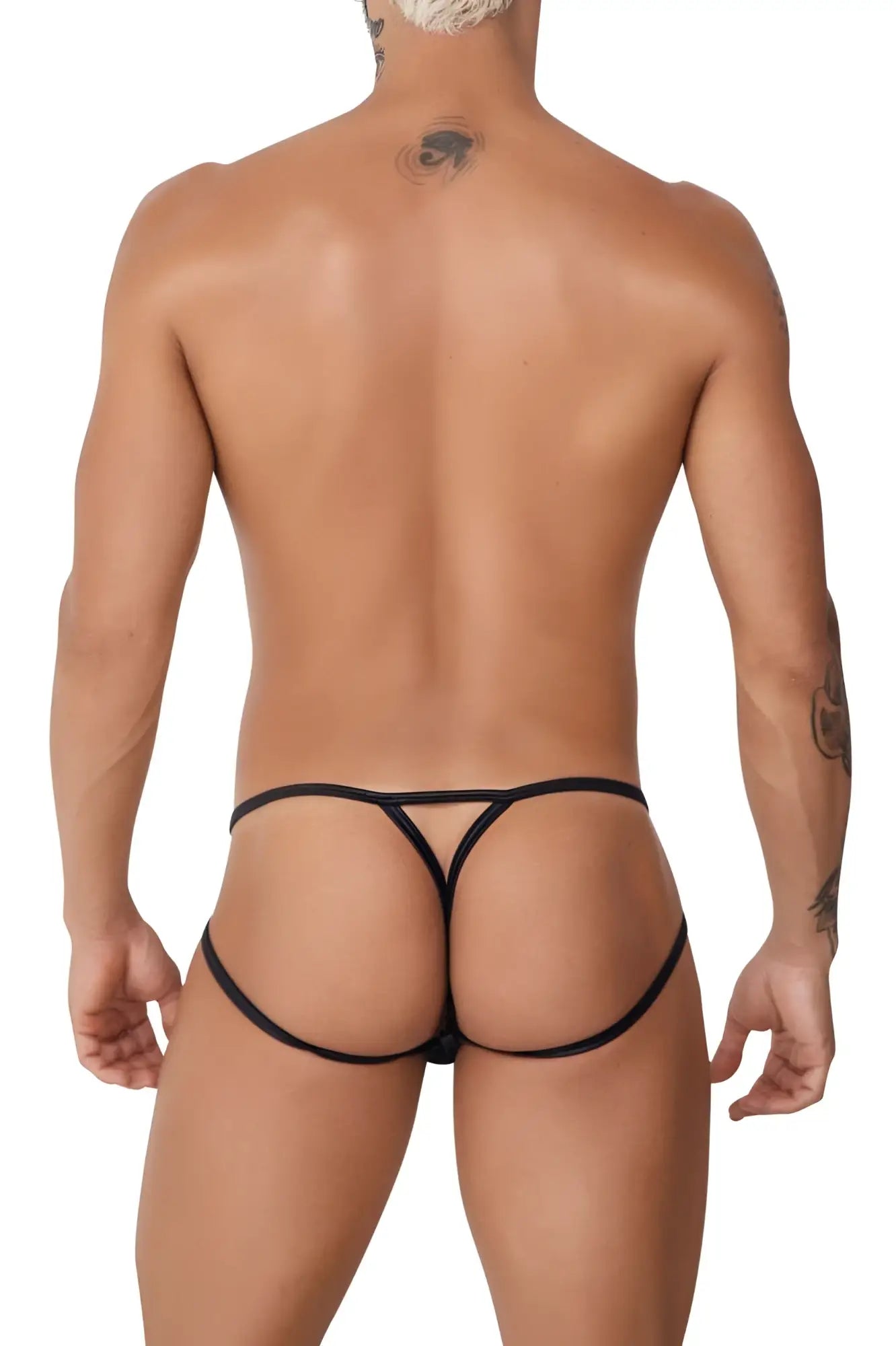 Black CandyMan 99762 jock g-string thong with thin straps and distinctive triangular cutout design shown from back side