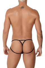 Black CandyMan 99762 jock g-string thong with thin straps and distinctive triangular cutout design shown from back side