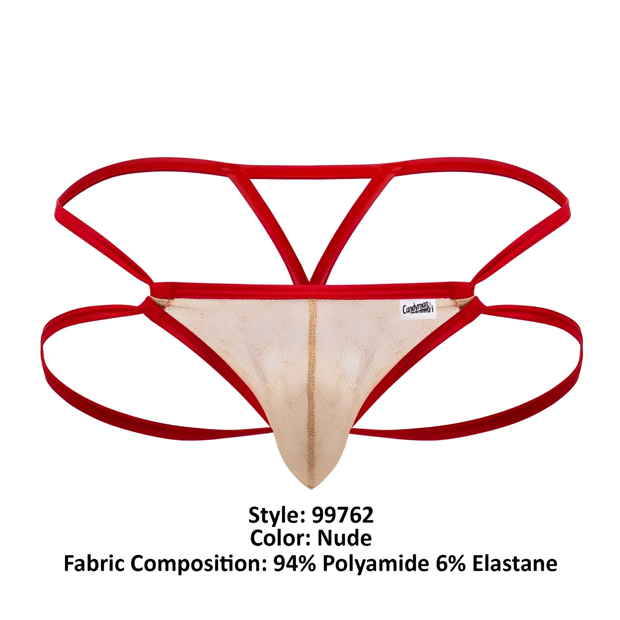 CandyMan 99762 jock g-string in nude lace with bold red elastic straps and a gold-trimmed central seam