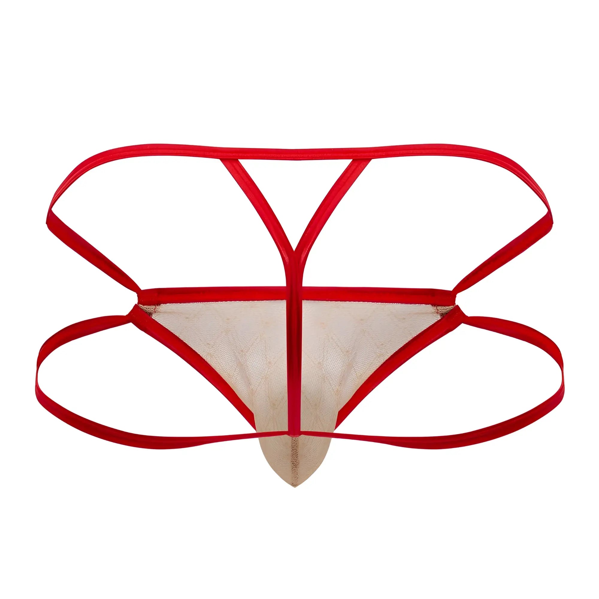 CandyMan 99762 jock g-string thong in nude color with red and beige lace and y-shaped strap design visible from the back