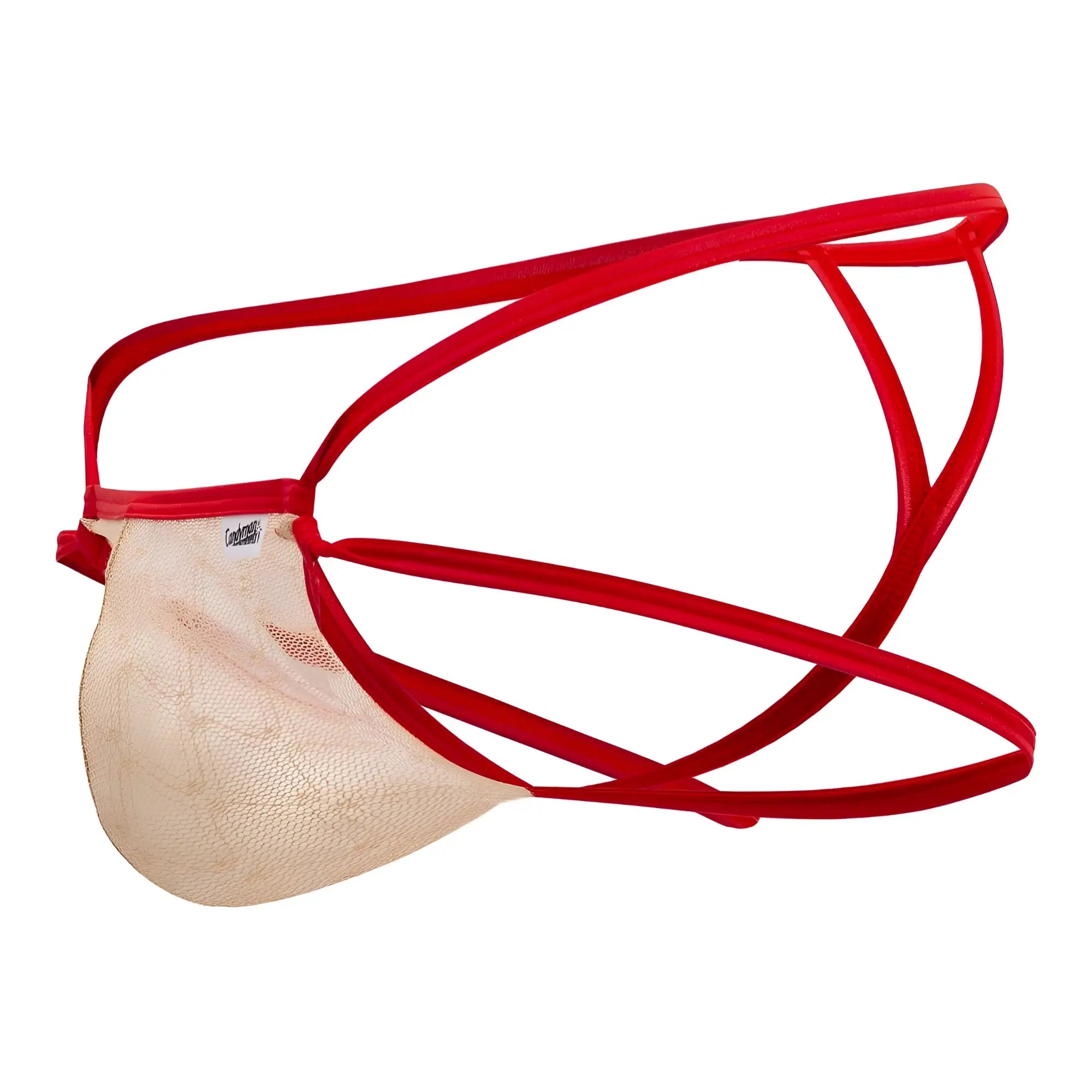 Candyman 99762 jock g-string nude red mesh briefs with beige lace front panel and adjustable straps