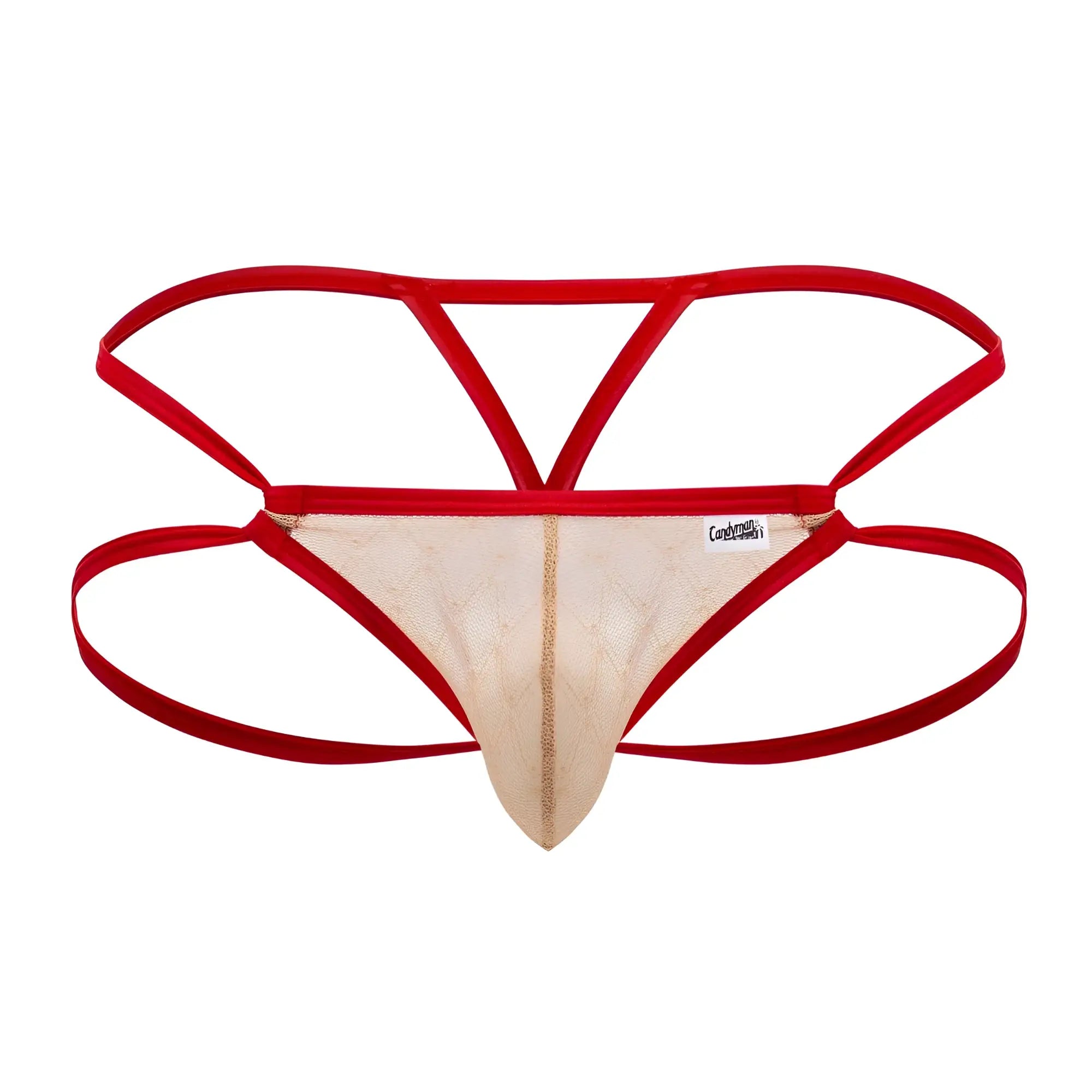 Red-trimmed beige lace thong with sleek minimalist design candyMan 99762 jock g-string color nude front view