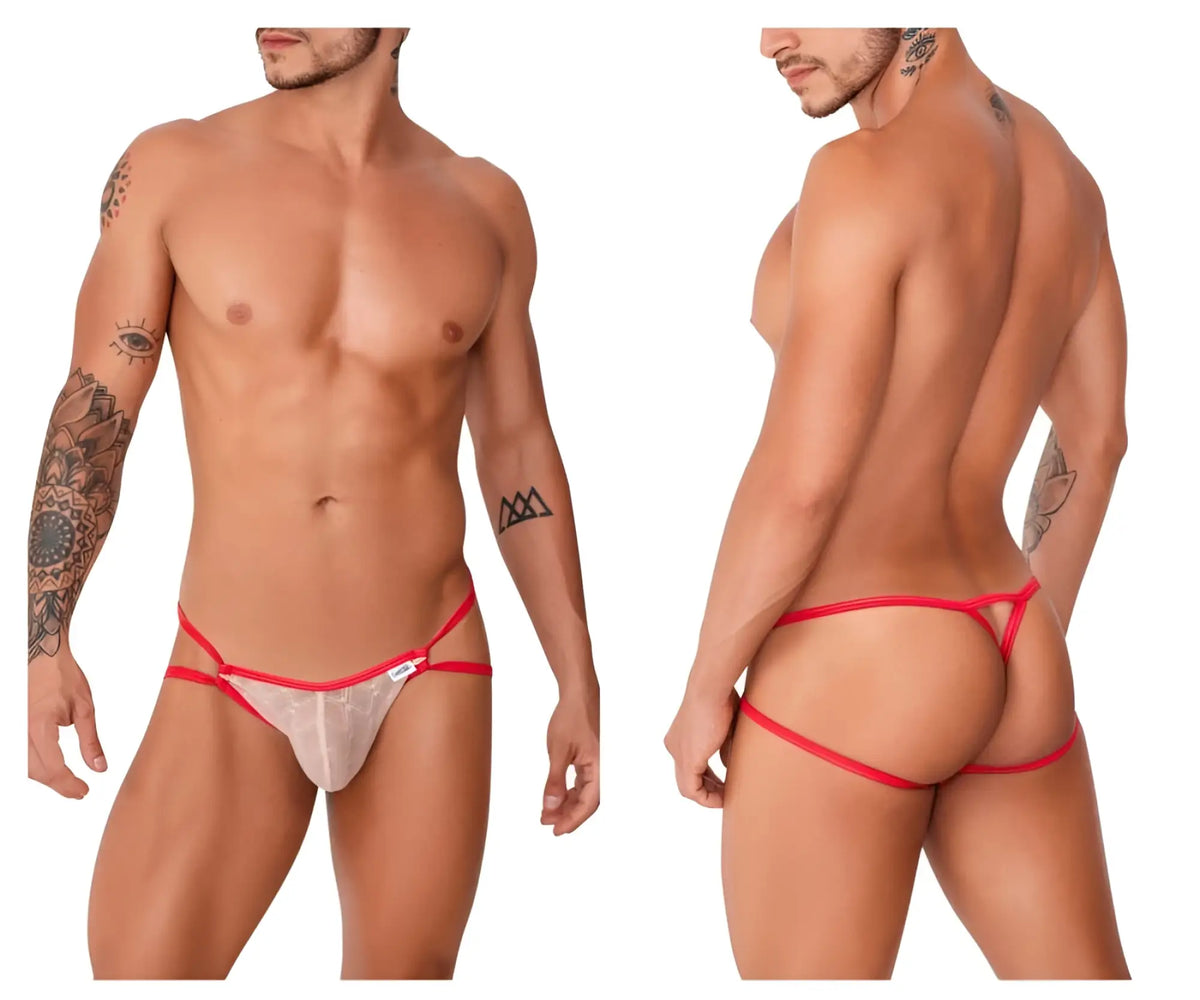 Candyman 99762 jock g-string thong in nude color with red and white lace and transparent mesh front