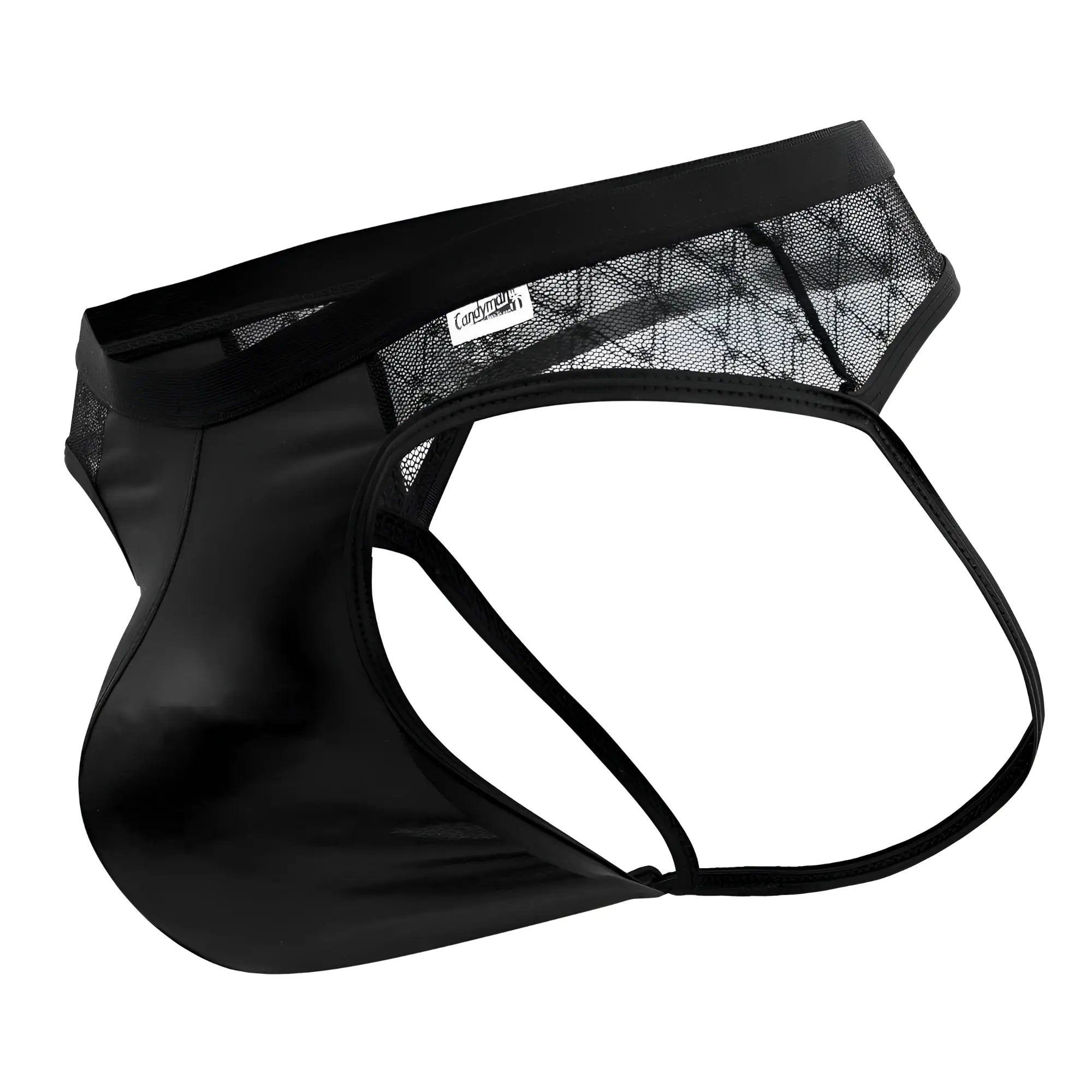 Black satin CandyMan 99763 lace jockstrap with mesh panel and elastic waistband front view