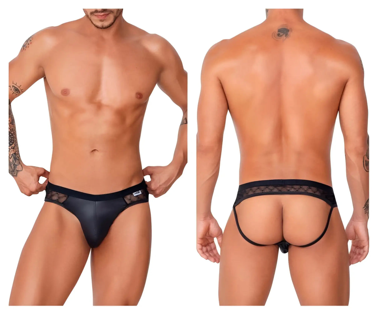 Black candyMan 99763 lace jockstrap with glossy finish and lace trim in smooth fabric for men