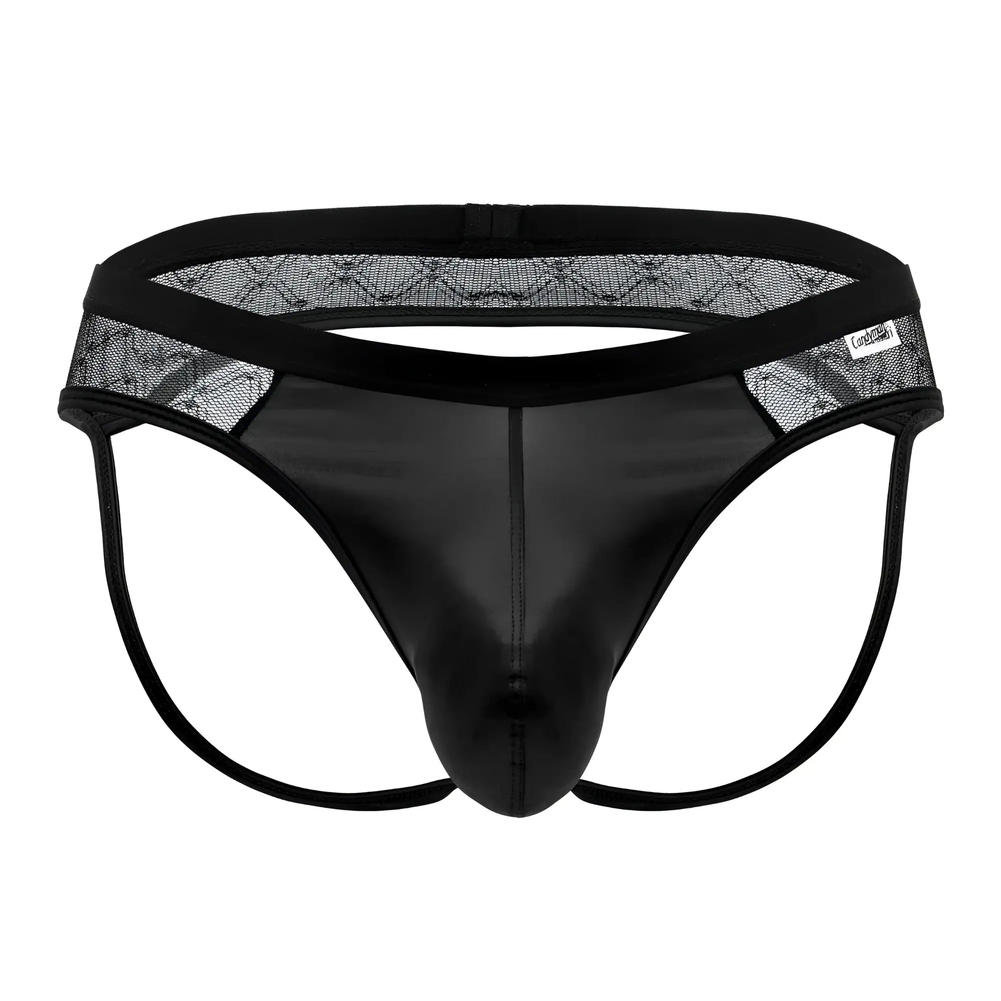 Black candyMan 99763 lace jockstrap thong with glossy patent leather front panel and adjustable side straps