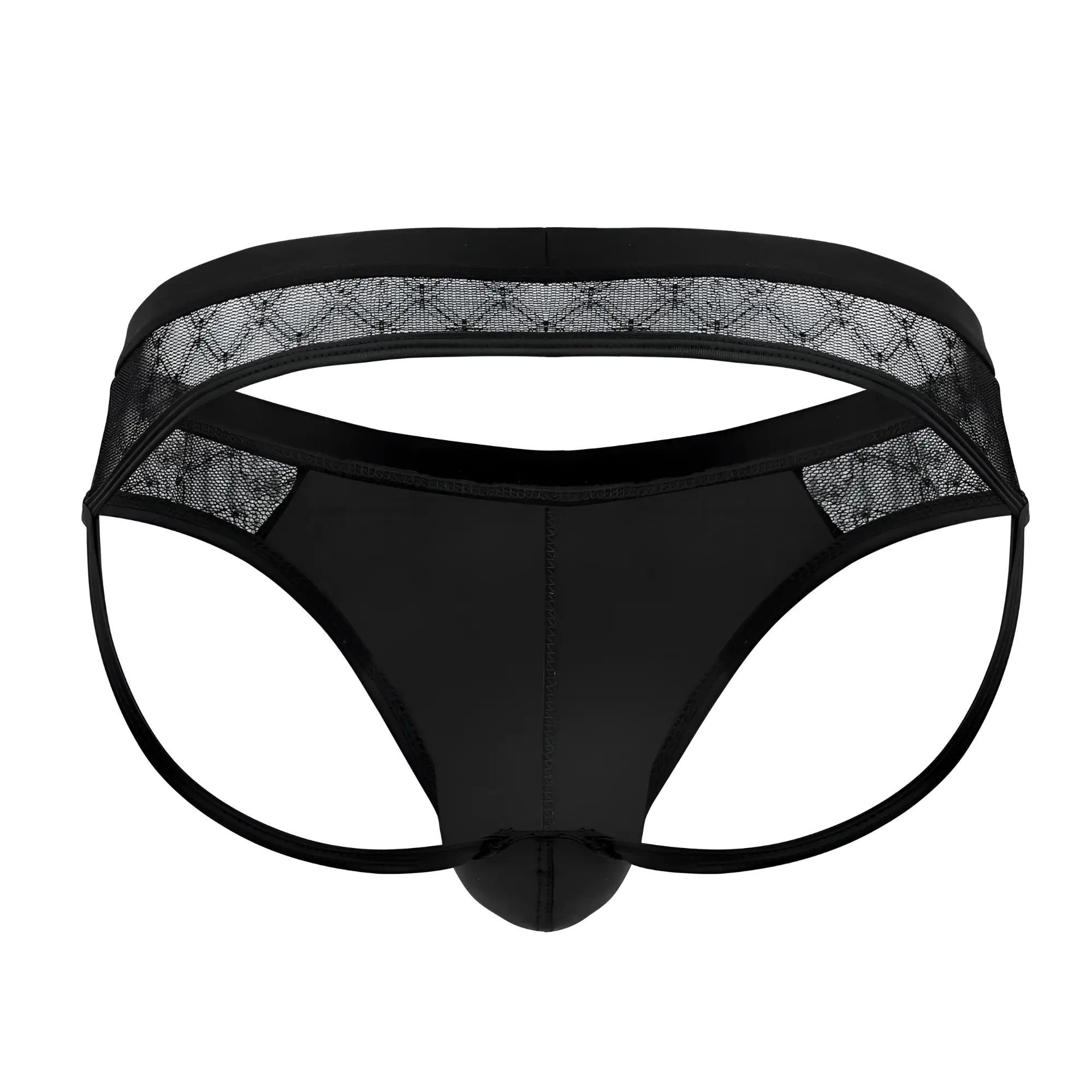 Candyman 99763 black lace jockstrap thong with smooth glossy fabric lace trim and reinforced elastic waistband