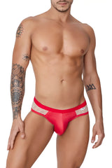 Candyman 99763 lace jockstrap in nude-red with red mesh briefs solid waistband and sheer lace trim front view