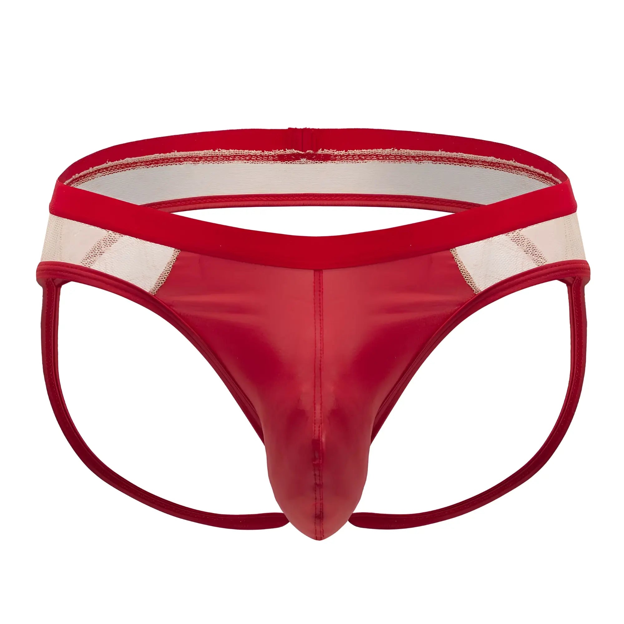 Candyman 99763 lace jockstrap in nude red patent leather with white mesh panel and red elastic waistband